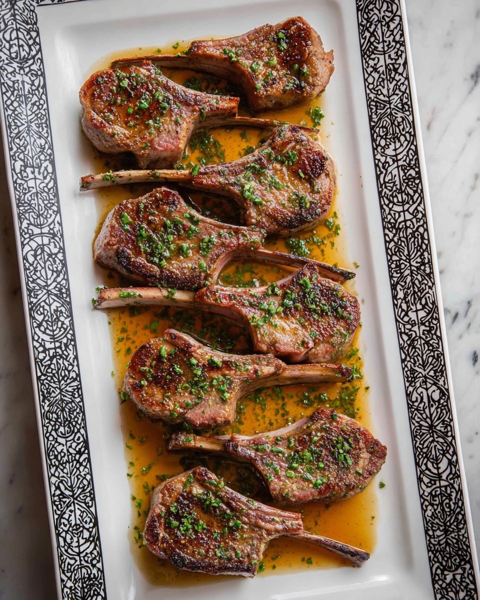 A white rectangular plate with a black patterned rim holds eight cooked lamb chops arranged in two vertical columns. Each chop has a browned, slightly crispy outer layer with visible grill marks and is sprinkled with finely chopped green herbs. The meat sits in a small pool of golden-brown sauce that glistens under the light, enhancing the juicy texture. The plate is set on a surface with a white marbled texture. photo taken with an iphone --ar 4:5 --v 7