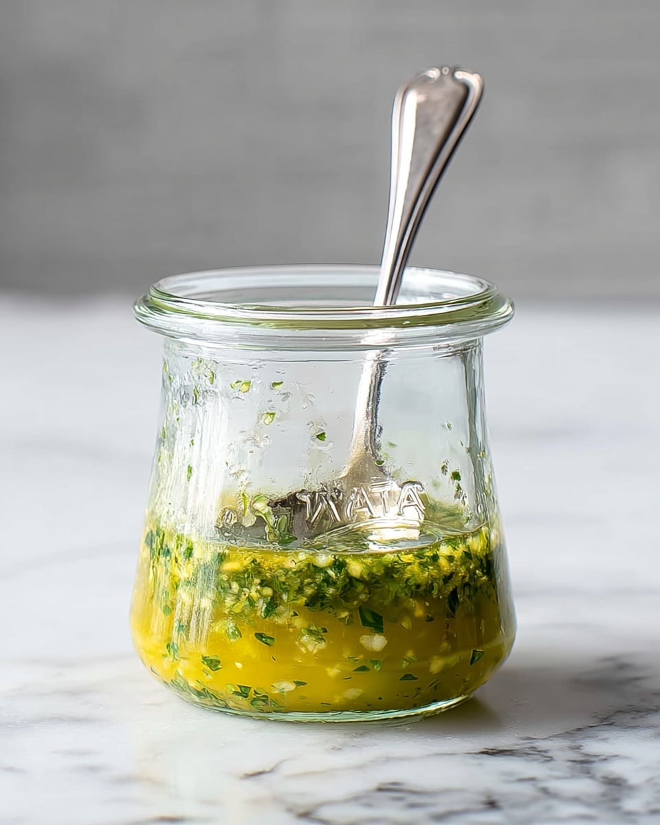A small clear glass jar filled about one-third with a yellow-green sauce with visible small green herb pieces all mixed together. The jar has a wide mouth with a silver spoon standing upright inside. The sauce has a slightly oily texture on top with a thicker herb layer at the bottom. The jar is placed on a white marbled surface with a soft gray blurred background. photo taken with an iphone --ar 4:5 --v 7