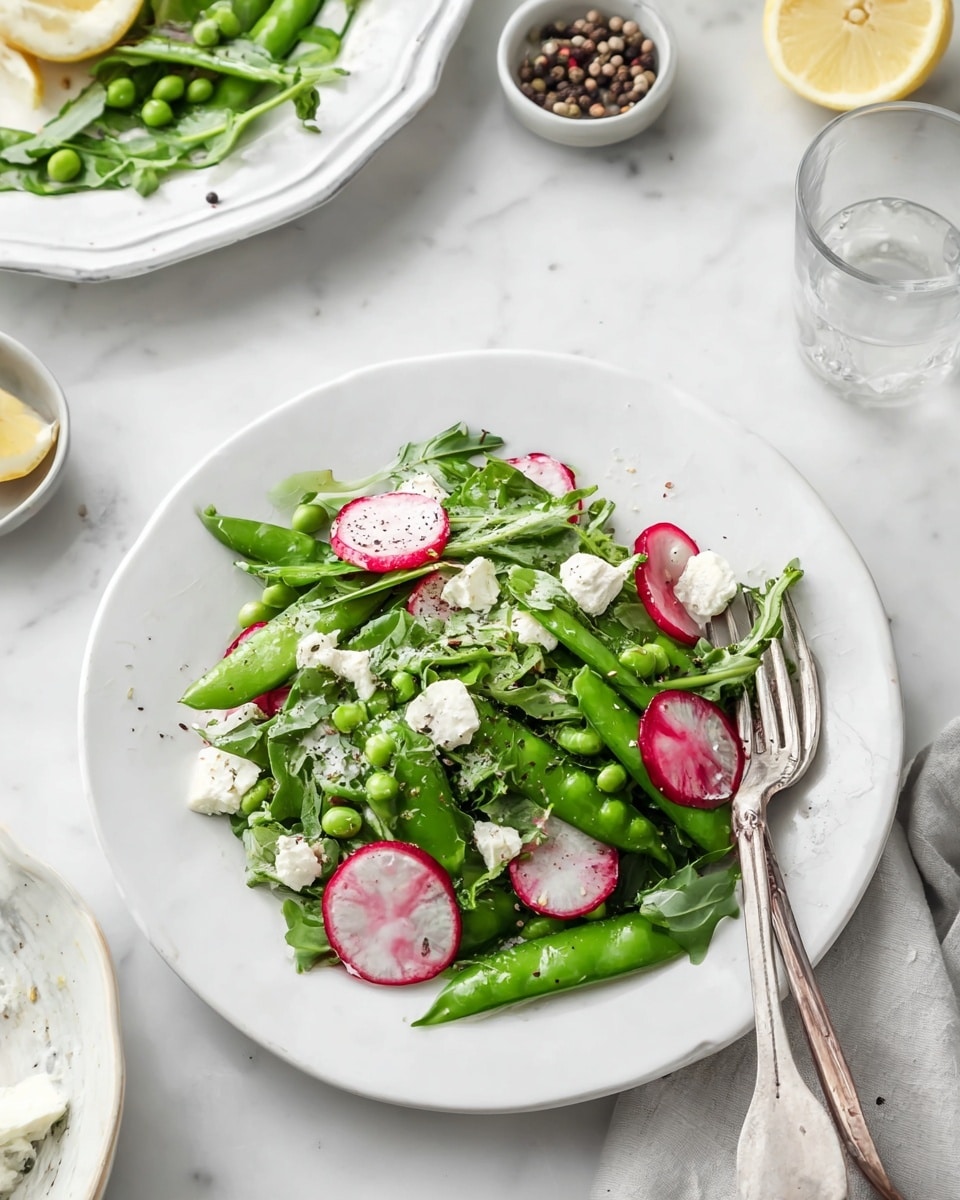 A white plate on a white marbled surface holds a fresh salad made of three main layers: the bottom layer consists of bright green arugula and snap pea pods cut into pieces, the middle layer has thin, round slices of red radish scattered across, and the top layer is small chunks of white soft cheese sprinkled with black pepper. A silver fork rests on the right side of the plate with some salad on it. In the background, there is a larger white plate with more salad and a silver serving spoon, half of a squeezed lemon, a small bowl of mixed peppercorns, and a glass of water with ice. Photo taken with an iphone --ar 4:5 --v 7