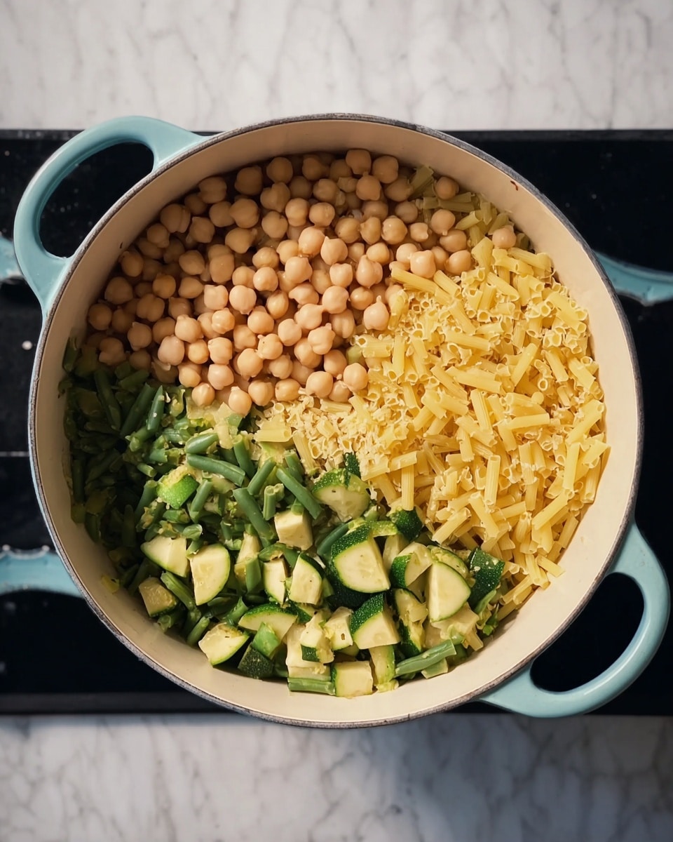 A white pot with light blue handles holds three main layers inside: on the left side, there is a pile of round light beige chickpeas; on the right side, there is a heap of small yellow pasta tubes; beneath and mixed slightly with these ingredients, there are chopped green vegetables, including zucchini and green beans, which create a fresh green base layer. The pot is placed on a black stovetop with a white marbled surface in the background. Photo taken with an iphone --ar 4:5 --v 7