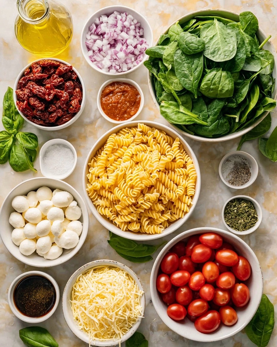 A large white bowl at the bottom center is filled with yellow spiral pasta. To the bottom right, a white bowl holds halved bright red cherry tomatoes showing their juicy interior. At the top right, a large white bowl is full of fresh green spinach leaves with visible veins and a soft texture. Near the top center, a clear glass bottle contains golden olive oil. To the top left, a white bowl is packed with deep red sun-dried tomatoes. Below that, a small white bowl has a reddish-brown sauce. Below that, a white bowl contains small white mozzarella balls. In the center, a white bowl holds finely chopped purple-red onion pieces. Next to that, a small bowl has green dried herbs. At the center right, a small white bowl holds a heap of pale yellow shredded cheese. A small white bowl with dark sauce is nearby. To the bottom right, a small bowl contains minced garlic. Salt and pepper shakers are placed near the right edge. Fresh green basil leaves scatter around the layout on a white marbled surface. photo taken with an iphone --ar 4:5 --v 7