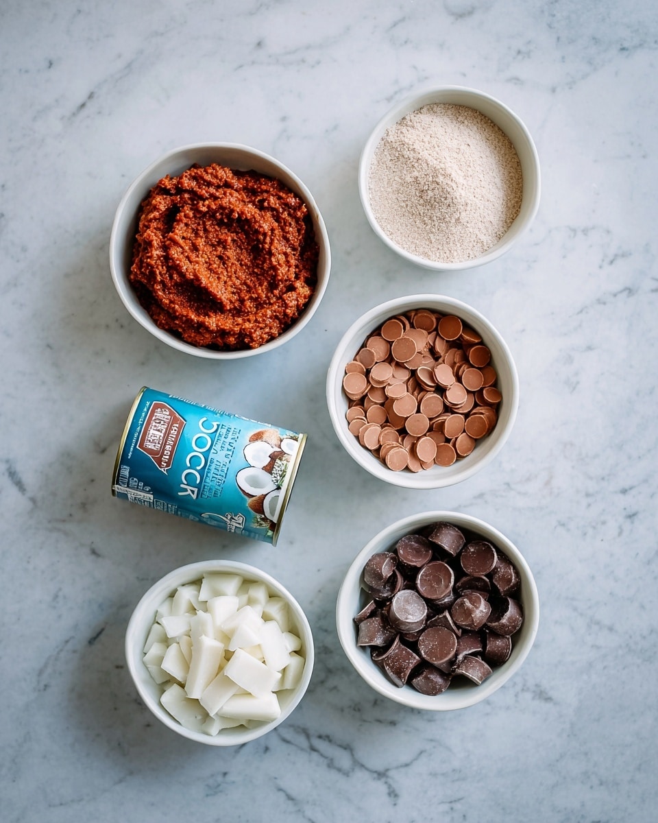 The image shows six food items arranged neatly on a white marbled surface: a white bowl on the top left contains a thick reddish-brown paste with a rough texture; next to it on the right is a white bowl filled with light beige powder; below the powder and to the right is a white bowl filled with many small, smooth, light brown discs; in the center lies a can of coconut milk with a blue and white label; below the can is a white bowl holding solid white coconut oil chunks; on the bottom right is a white bowl filled with small, shiny, dark brown chocolate discs. photo taken with an iphone --ar 4:5 --v 7