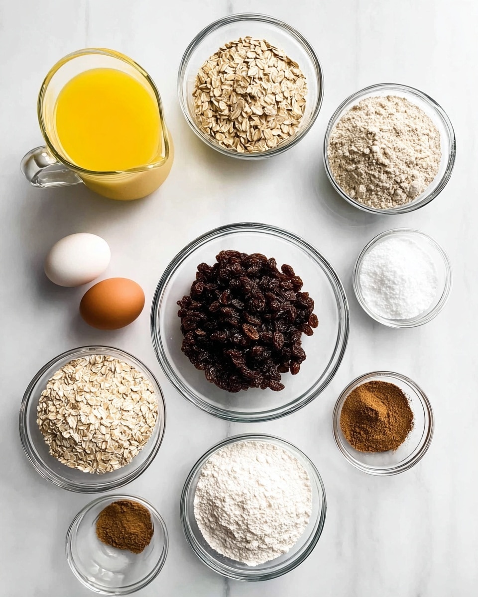 A top-down view shows a neat arrangement of 12 clear glass bowls and containers on a white marbled surface. In the center is a large bowl filled with dark raisins, surrounded by other bowls holding dry ingredients: light brown rolled oats on the left, white flour on the top right, a small bowl of brown powder (likely cinnamon) on the bottom right, as well as smaller bowls with white powders (possibly baking soda, baking powder, or salt) scattered around. On the top left is a glass pitcher filled with a bright yellow liquid, likely melted butter or oil. Two whole eggs, one white and one brown, rest side by side at the bottom left. Each bowl shows clear textures, from the powdery flour to the rough oats and shiny, wrinkled raisins. The clean setup and the slight shadows add depth to the bright, clean scene. photo taken with an iphone --ar 4:5 --v 7