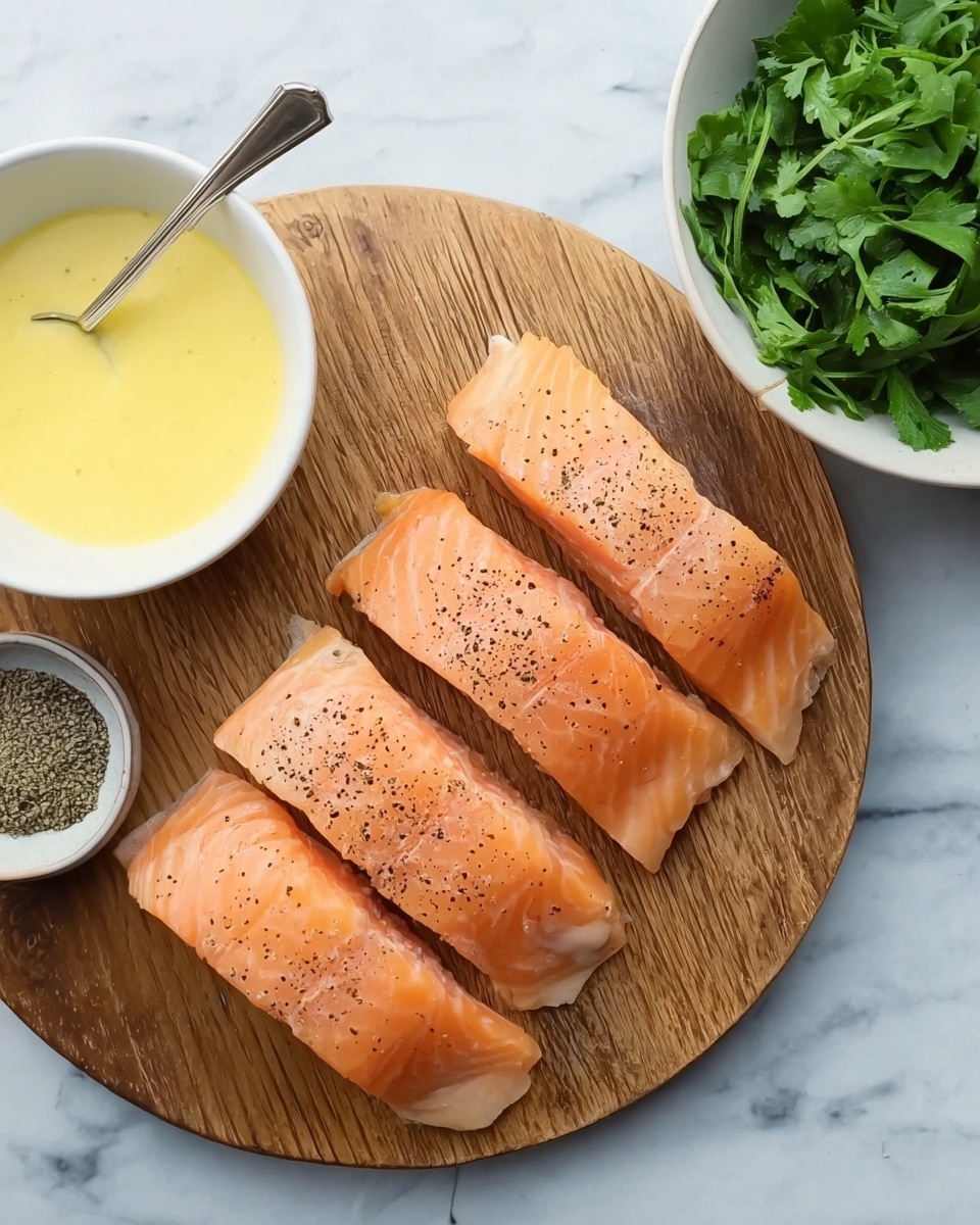 The image shows four pieces of raw salmon with a light orange color and some black pepper sprinkled on top, placed evenly on a round wooden board. To the left, there is a small white bowl filled with yellow sauce and a spoon inside it. Behind the bowl, a white bowl holds fresh green herbs, likely parsley or cilantro. The surface is a white marbled texture. Photo taken with an iphone --ar 4:5 --v 7