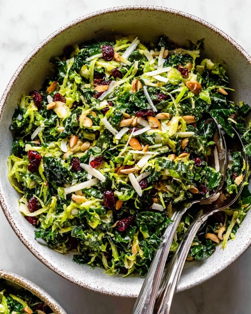 Kale Brussels Sprout Salad with Toasted Almonds, Parmesan, and Cranberries Recipe