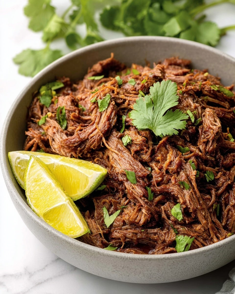 A close-up of a grey bowl filled with shredded brown cooked meat, garnished with small green cilantro leaves scattered on top and one larger cilantro sprig in the center. Two bright yellow lime wedges with green edges rest on the left side of the bowl. The bowl is set on a white marbled surface with some green cilantro leaves visible in the background. Photo taken with an iphone --ar 4:5 --v 7