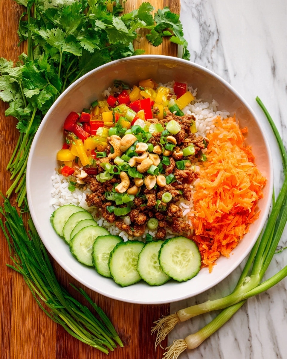 A white bowl holds a vibrant dish with four layers arranged in sections: the base layer is white rice, topped with a mix of cooked ground meat and diced red and yellow bell peppers with chopped green onions and whole cashews scattered on top; on one side, thick slices of green cucumber add a fresh look, and on the other side, a bright pile of finely shredded orange carrots is placed. The bowl sits on a white marbled surface with fresh green cilantro sprigs and three whole green onions placed nearby. photo taken with an iphone --ar 4:5 --v 7