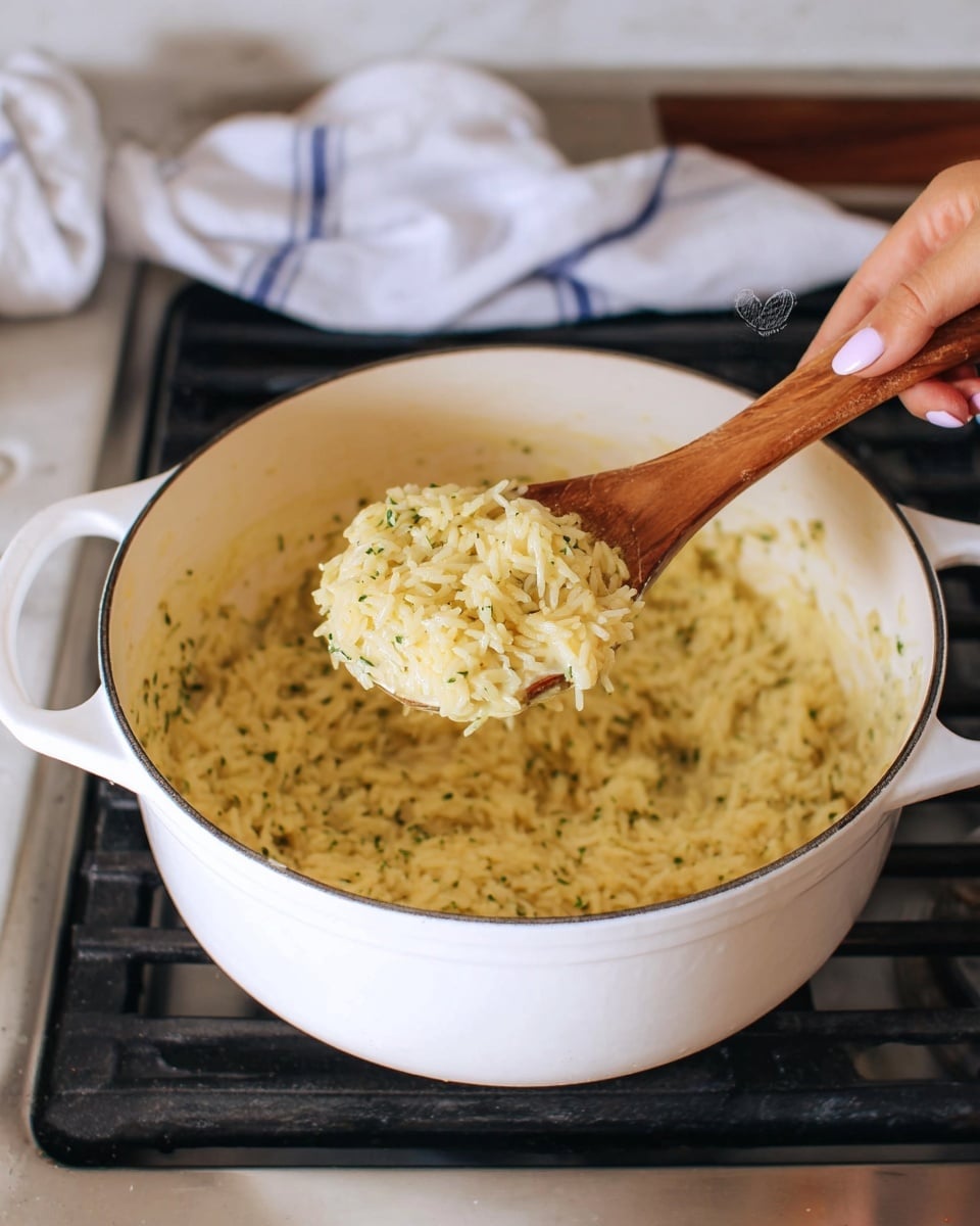 A white pot filled with a creamy, yellowish rice mixture with small green herbs mixed in sits on a stove with black grates. A wooden spoon lifts a portion of the rice, showing its soft texture with small thin cooked strands mixed throughout. A woman's hand with light pink nails holds the wooden spoon from the right side. The background shows a white and blue cloth and part of a white marbled surface is visible beneath the pot. photo taken with an iphone --ar 4:5 --v 7