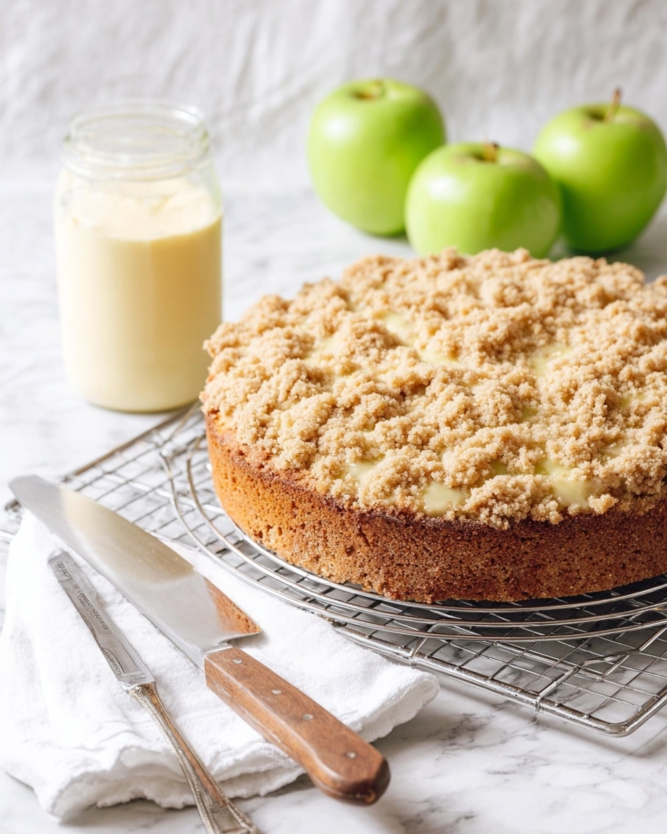 A round crumb cake with a golden-brown base and a thick, crumbly pale tan topping sits on a silver cooling rack. Behind the cake, there are two green apples in soft focus and a clear glass jar filled with light yellow cream with a spoon inside. In the foreground, a white cloth napkin holds a silver cake server and a knife with a wooden handle. All items rest on a white marbled surface. Photo taken with an iphone --ar 4:5 --v 7