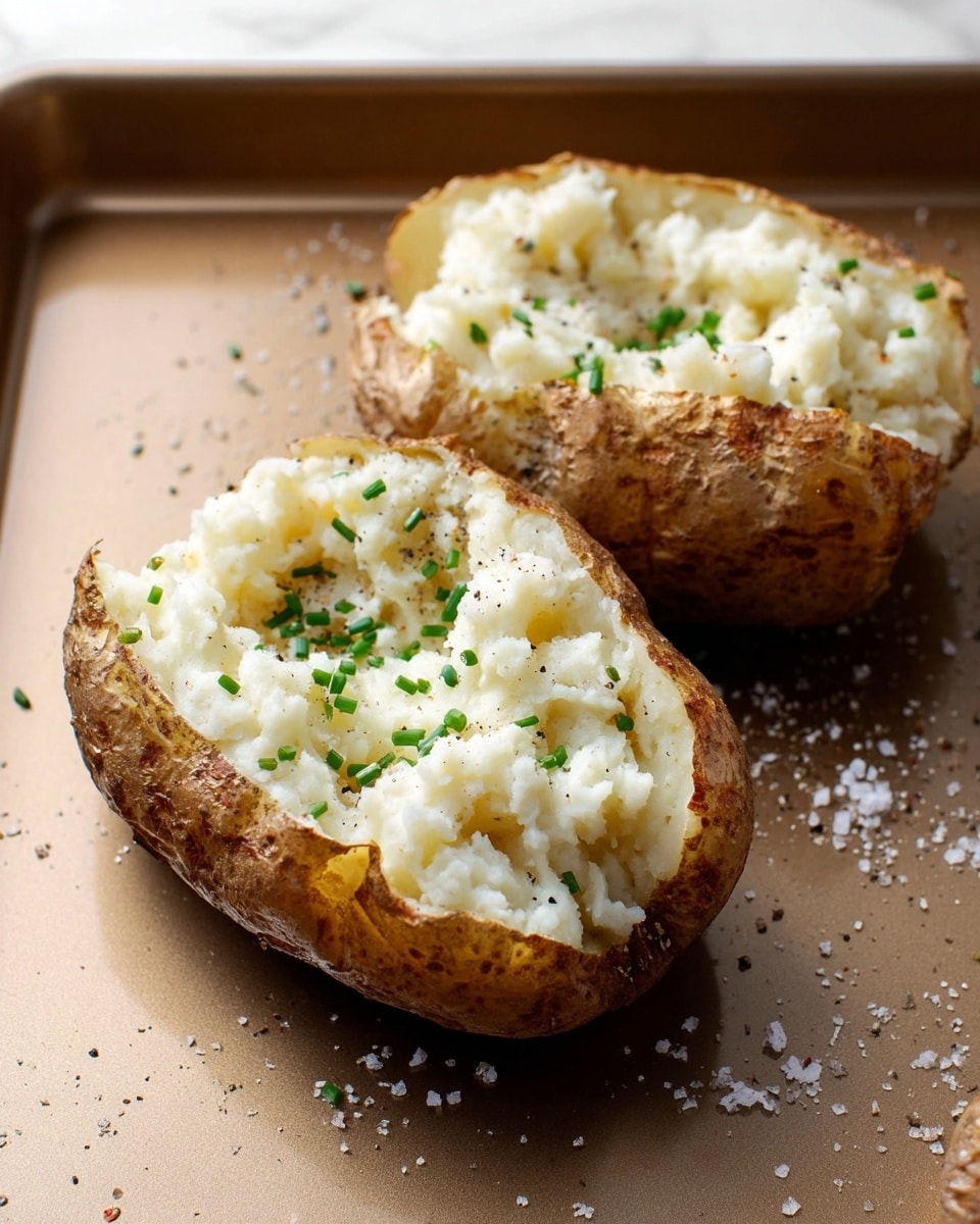 A baked potato is cut in half and placed on a baking tray with a light brown color. The potato skin is golden brown and crispy. The inside is filled with white fluffy mashed potato, topped with small green chives and lightly sprinkled black pepper. There are some grains of coarse salt scattered on the tray around the potatoes. The scene is set on a white marbled texture surface photo taken with an iphone --ar 4:5 --v 7