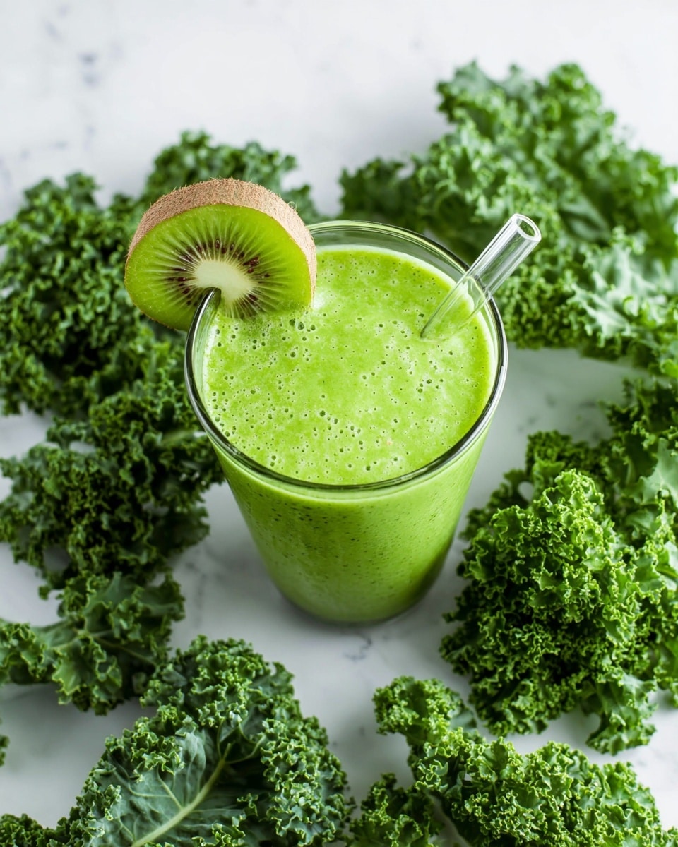 A glass filled with a smooth, bright green smoothie sits in the middle of a white marbled surface, surrounded by fresh, curly kale leaves scattered around the edges. A thick slice of kiwi with its brown skin is placed on the rim of the clear glass, and a transparent straw stands upright in the drink's center. The texture of the smoothie looks creamy with tiny green flecks spread throughout, showing it is well blended. The overall scene looks fresh and healthy, with a mix of green shades and a simple, clean background. Photo taken with an iphone --ar 4:5 --v 7