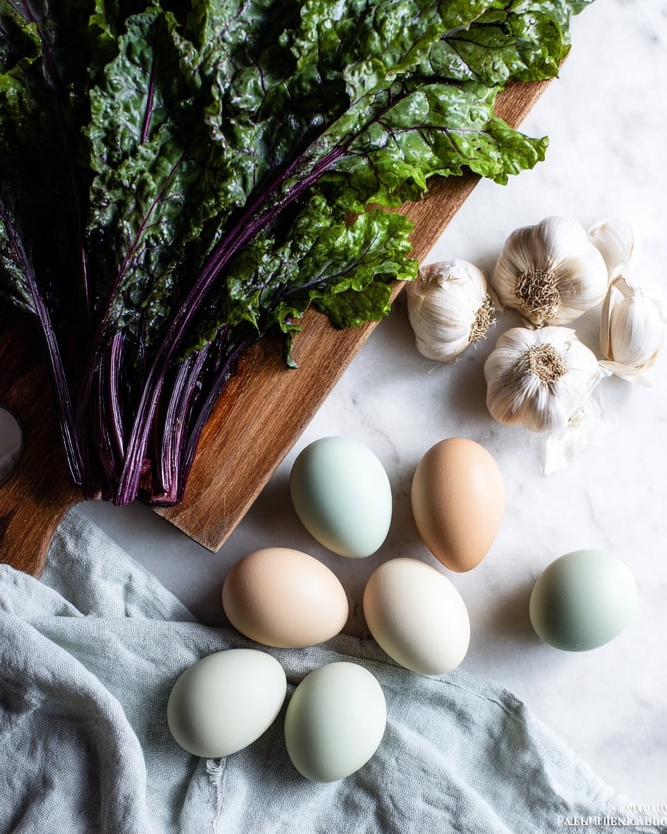 A bunch of leafy green vegetables with dark purple stems rests on a wooden cutting board at the top left, with several bulbs of garlic placed loosely to the right on a white marbled surface. Below, seven eggs in light brown and pale bluish-green hues are scattered on a soft, light gray cloth that is spread out gently. The overall setup is bright with natural light, showing fresh and simple ingredients for cooking, with the whole scene on a white marbled background. photo taken with an iphone --ar 4:5 --v 7