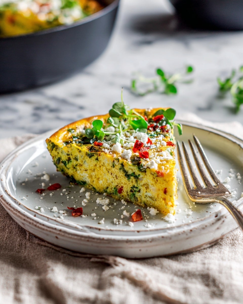 A slice of green and yellow frittata with bits of red flakes sits on a white plate, sprinkled with white crumbled cheese and small red pieces on top and around it. The frittata shows a soft, fluffy texture with small holes and visible green herbs inside. On top, there are small green leaves as garnish. A silver fork rests beside the slice on the plate. The plate is placed on a light beige cloth, and the background is a white marbled surface with a blurred dark pan and bowl in the distance. Photo taken with an iphone --ar 4:5 --v 7