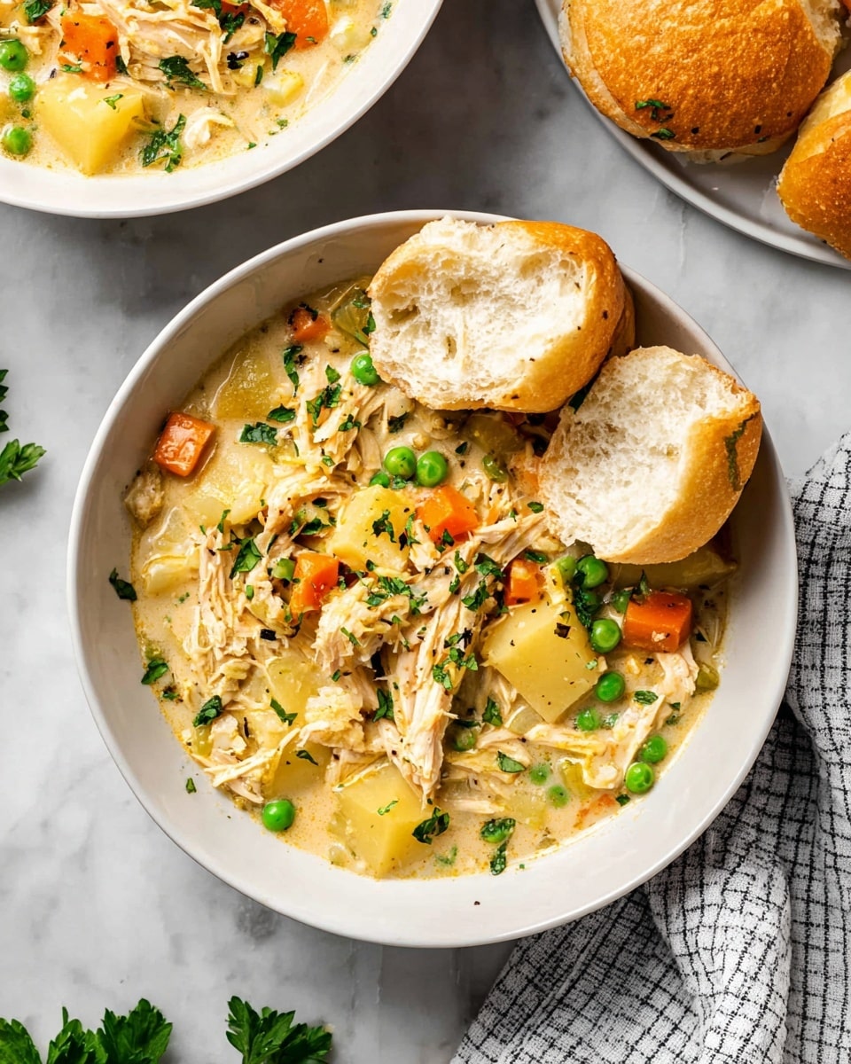 Inside a black slow cooker, there is a creamy mixture with shredded chicken, diced potatoes, diced carrots, green peas, and corn kernels, giving a colorful and chunky texture. On top of this creamy base, there are two shiny, golden-brown biscuits placed side by side on the right side, adding a soft and fluffy layer. A fresh green parsley leaf garnish rests on the chicken and vegetables near the bottom center, adding a touch of bright green. The slow cooker sits on a white marbled surface, with a white plate holding more golden biscuits partially visible at the top right corner. Photo taken with an iphone --ar 4:5 --v 7