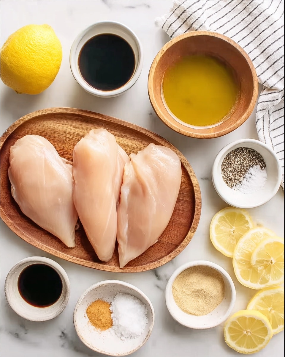 The image shows three raw chicken breasts placed side by side on a small wooden board. Above the chicken, there is a light wooden bowl filled with golden olive oil. To the left of the board, a whole lemon and a half lemon with visible seeds sit next to small white bowls containing dark soy sauce and a beige powder. To the right, there is a white bowl with sections of white salt, black pepper, and a light orange spice powder. Also visible are thin slices of lemon near this bowl and two small white cups containing dark brown and black liquid sauces. All items rest on a white marbled surface with a white and dark striped cloth partially visible at the top. photo taken with an iphone --ar 4:5 --v 7