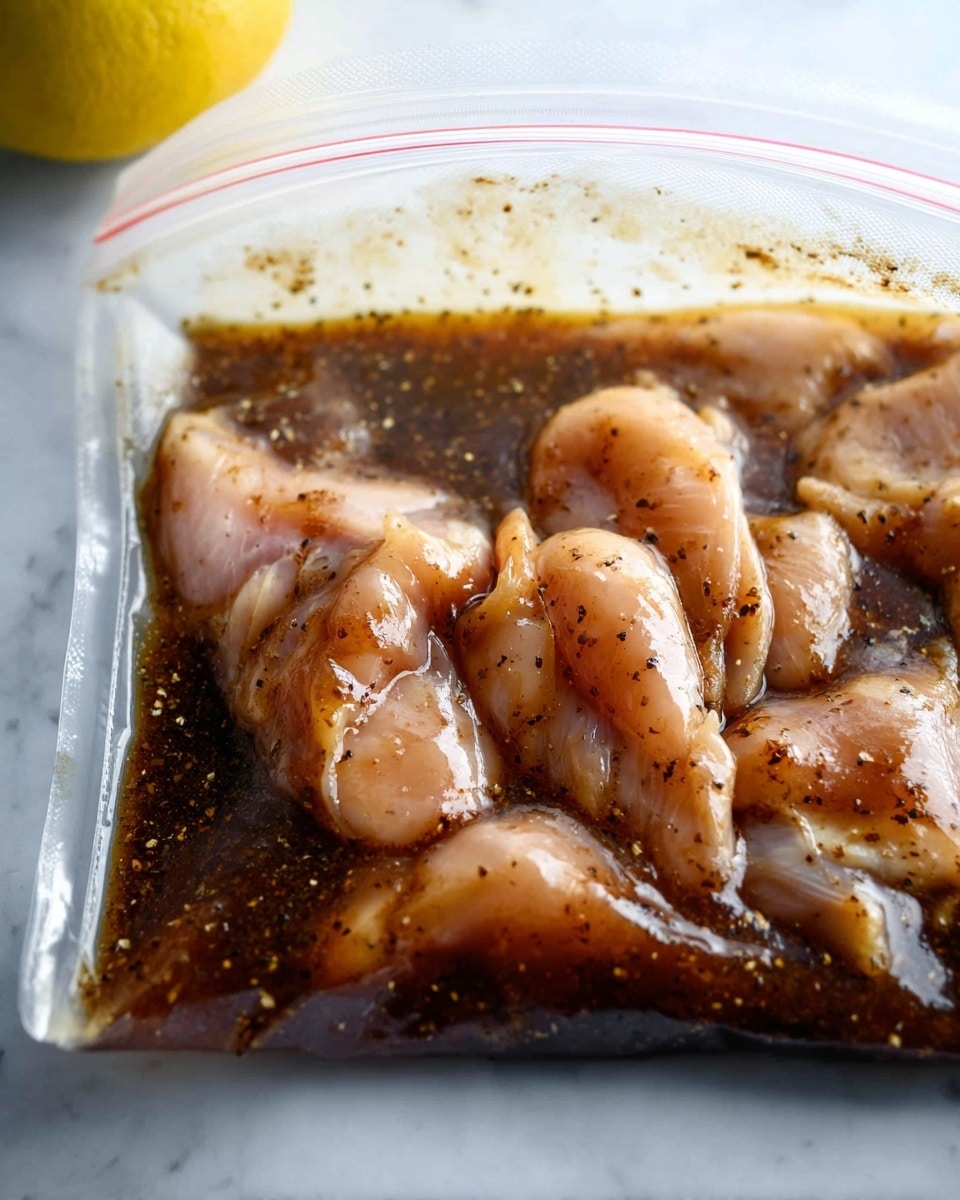A close-up view of raw chicken pieces inside a clear plastic zip-top bag, covered in dark brown marinade with visible specks of seasoning. The chicken pieces are pale pink with slight orange hues from the sauce, resting at the bottom of the bag with the marinade filling the upper part. The background is a white marbled surface, and a whole lemon is partially visible at the top edge of the image. Photo taken with an iphone --ar 4:5 --v 7