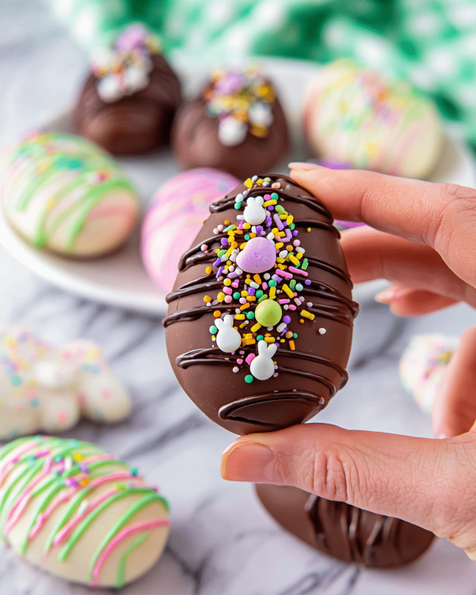 A woman's hand holds a chocolate Easter egg-shaped treat covered with a smooth dark chocolate layer, decorated with colorful sprinkles including small round beads, tiny shreds, and little pastel bunny shapes scattered on top. Drizzled dark chocolate lines run across the surface of the egg, adding texture. In the background, several more similar Easter egg treats sit on a white plate, decorated with pastel-colored icing in zigzags and dots, and some white bunny-shaped treats. The setting has a soft white marbled surface with a blurred green and white checkered cloth in the back, creating a fresh and festive feel. photo taken with an iphone --ar 4:5 --v 7