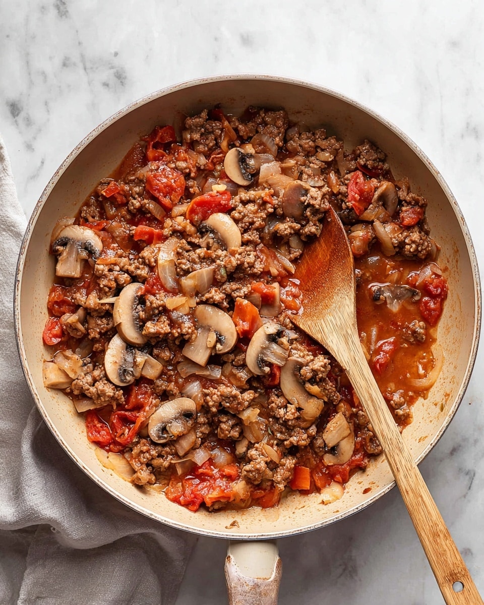 A beige pan with a wooden handle sits on a white marbled surface, filled with a cooked dish made of ground meat, sliced mushrooms, diced tomatoes, and small pieces of onion, all mixed together in a thick, reddish sauce. A wooden spoon rests inside the pan, partially dipped into the mixture. The colors range from brown and beige for the meat and mushrooms, to bright red and orange for the tomatoes, and translucent white for the onions. The texture looks tender with some moisture glistening on the ingredients. photo taken with an iphone --ar 4:5 --v 7