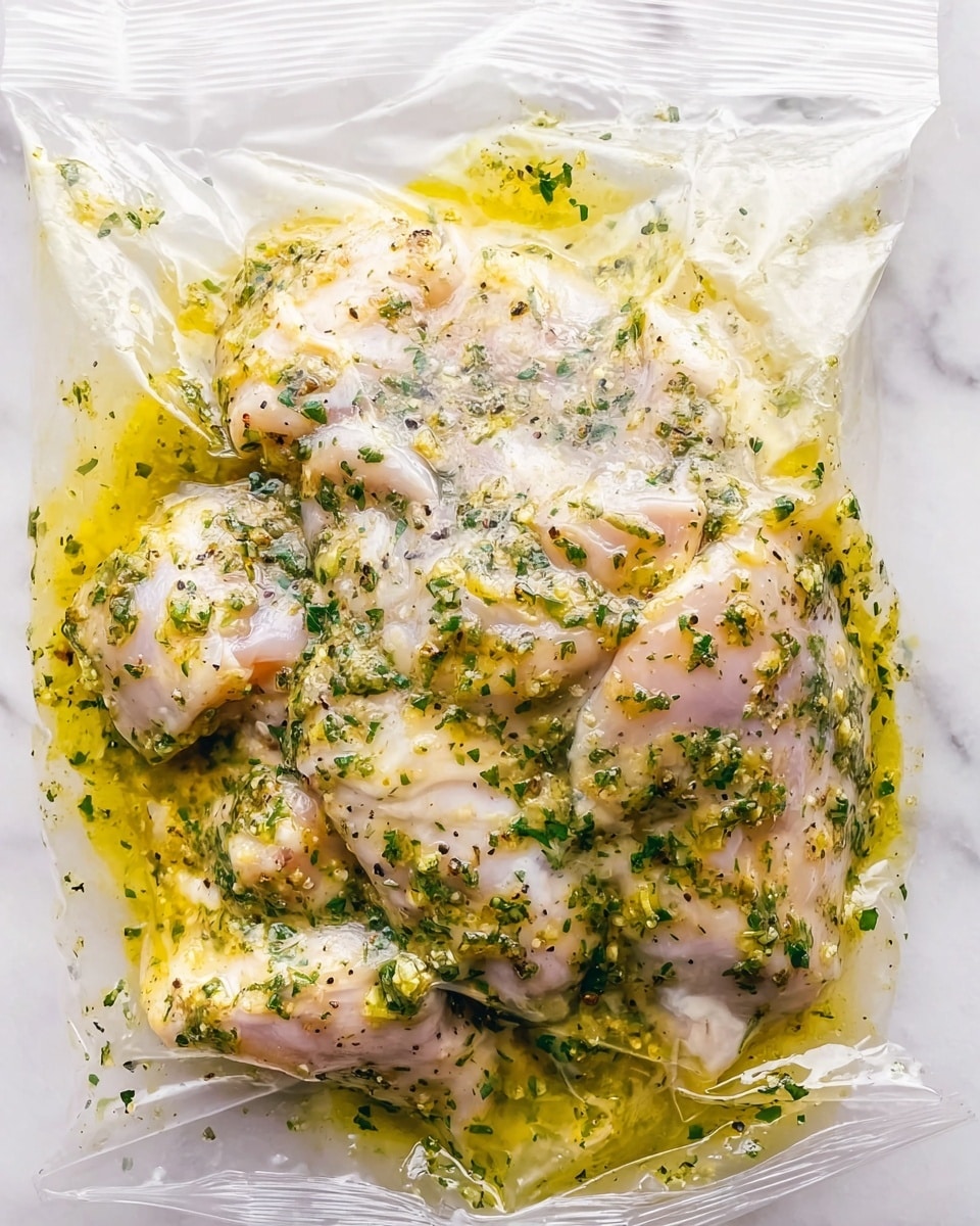 A clear plastic bag holds raw chicken thighs covered in a yellow-green marinade with herbs and spices. The chicken pieces are pale pink with some white fat and are soaked evenly in the sauce, which has flecks of green herbs and black pepper visible. The bag is slightly wrinkled and lays on a white marbled textured surface. The marinade looks oily and speckled with finely chopped green herbs. photo taken with an iphone --ar 4:5 --v 7