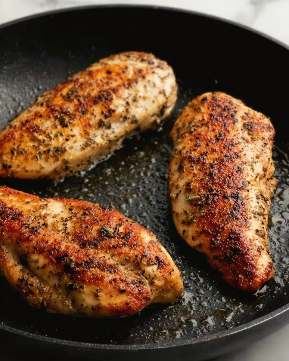 The image shows three pieces of cooked chicken with a golden brown and slightly charred surface, seasoned with visible black pepper and herbs. The chicken pieces have a textured, crispy edge and are positioned spread out in a black pan with small droplets of oil scattered around. The pan has a smooth surface and dark color that contrasts with the warm tones of the chicken. The background is a white marbled texture. Photo taken with an iphone --ar 4:5 --v 7