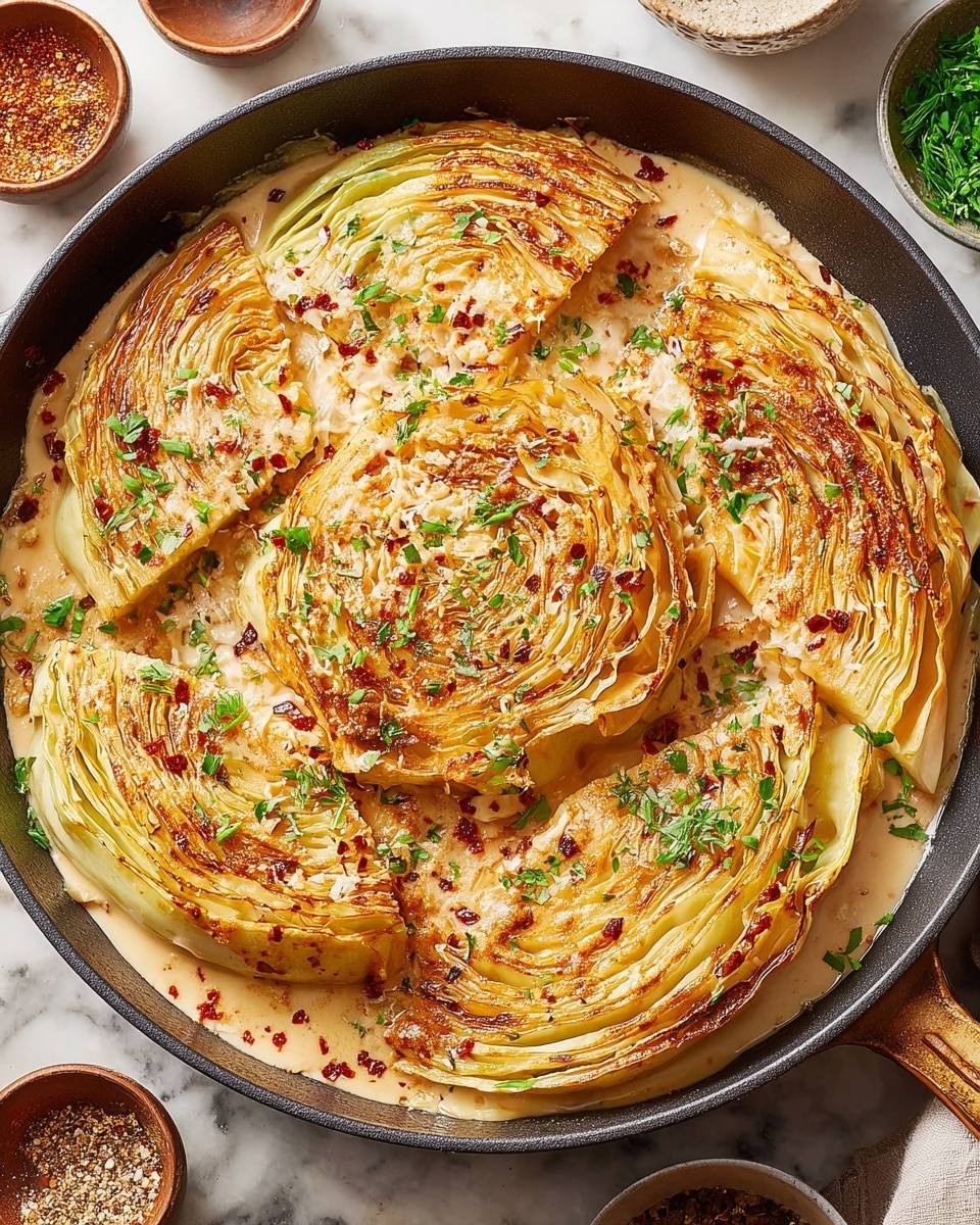 A large black skillet holds a thick, round cabbage cut into four large wedges, each showing many tightly packed layers of pale yellow and light green, softened and browned on the edges with a creamy sauce coating the entire cabbage and pooling in the skillet. The sauce is speckled with red flakes and small bits of browned garlic or onion. Grated light yellow cheese and chopped fresh green herbs are sprinkled over the top, adding texture and color contrast. The skillet rests on a white marbled surface with small dishes of seasonings nearby. Photo taken with an iphone --ar 4:5 --v 7