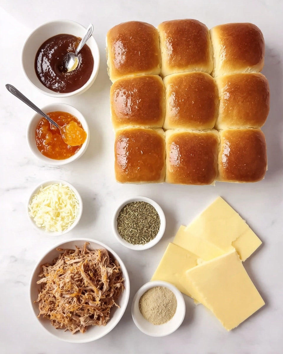 The image shows a white marbled surface with eight golden brown dinner rolls arranged in a 4x3 grid towards the top right. To the top left, there are three small white bowls; the largest one contains a thick dark brown sauce with a spoon, the medium one has an orange jam with a spoon, and the smallest one holds melted butter. Below these bowls, two more small white dishes hold dried herbs and light brown sugar. At the bottom, a larger white bowl is filled with shredded cooked meat, and to its right lie two slices of pale yellow cheese. All the items are neatly arranged with a clean, simple background. Photo taken with an iphone --ar 4:5 --v 7