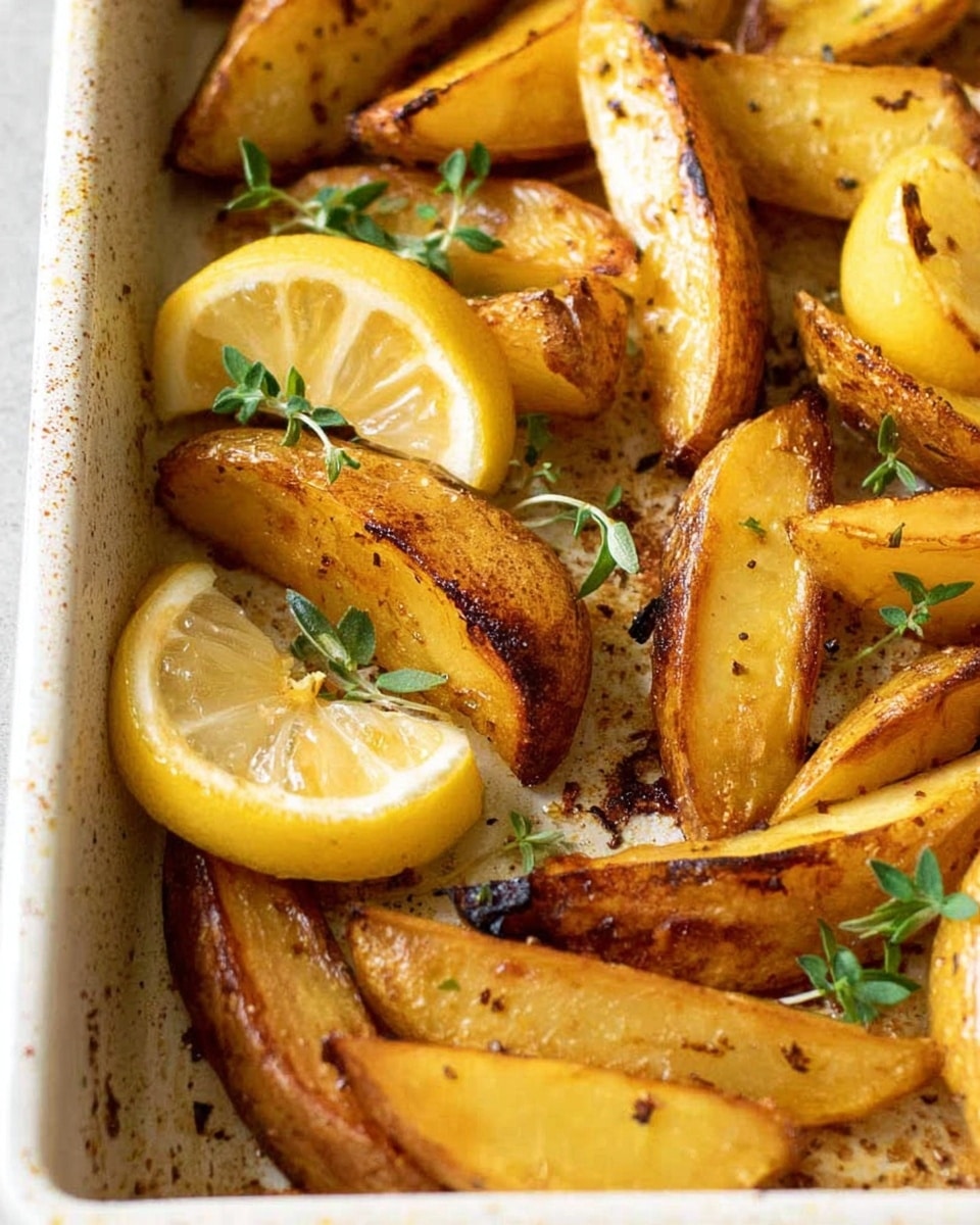 The image shows a white tray filled with golden brown roasted potato wedges. The wedges have a crispy texture with some dark grilled spots. Among the wedges, there are bright yellow lemon wedges placed on the tray. Small green herb leaves and sprigs are scattered on top of the potatoes and lemon, adding a fresh touch. The shallow tray has a slightly speckled surface. photo taken with an iphone --ar 4:5 --v 7