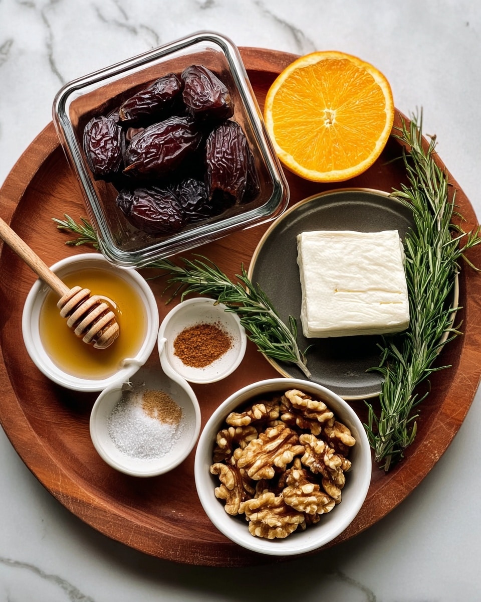 A round wooden tray on a white marbled surface holds several items: in the top left, a clear square glass container filled with dark brown dates, next to a half slice of a bright orange citrus fruit on the right edge of the tray. Below the dates is a small dark plate with a block of soft white cheese, accompanied by fresh green rosemary sprigs laid beside it. On the lower right, a small off-white bowl filled with large golden-brown walnut pieces sits next to a tiny white bowl containing a mix of white salt and brown cinnamon powder. A small white bowl with amber honey and a wooden honey dipper rests near the orange slice. Photo taken with an iphone --ar 4:5 --v 7