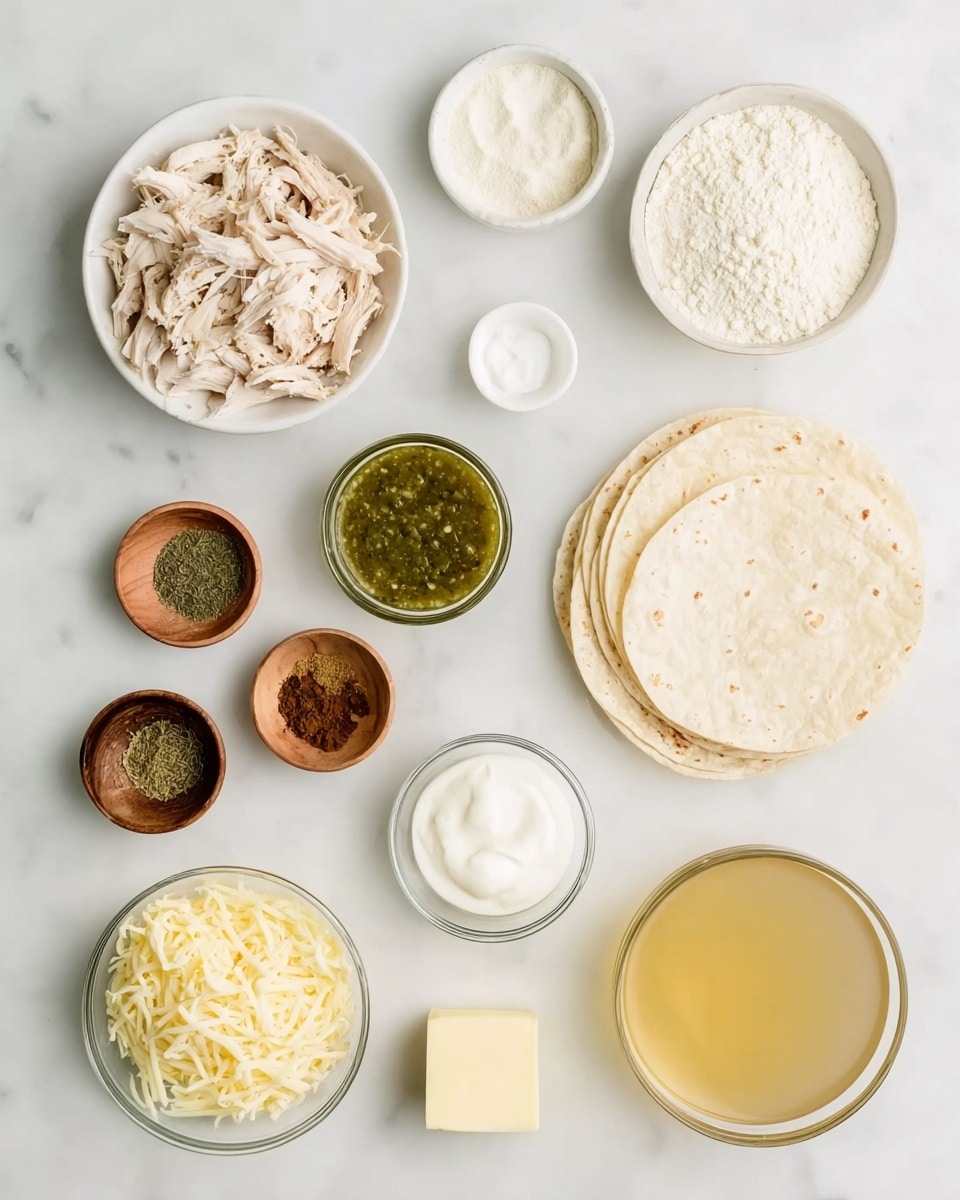The image shows a white marbled surface with neatly arranged small bowls and plates holding different ingredients. At the top left, a white bowl contains shredded pale chicken. Next to it, a small clear bowl holds white flour, and below that, a small glass bowl has green salsa in it. On the right side, there is a stack of white tortillas. In the middle row, a small glass bowl of white sour cream is placed beside a white bowl full of shredded cheese that is light yellow and white. Around the bowls, there are small wooden bowls containing different spices in green, brown, and black colors. Towards the bottom left is a larger clear glass bowl filled with pale golden broth, and near it, a small glass bowl holds a pat of light yellow butter. The whole setup is clean and bright, showing all the ingredients clearly with a white marbled background. photo taken with an iphone --ar 4:5 --v 7