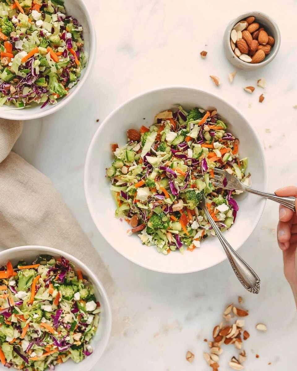 The image shows three white bowls filled with colorful chopped salad placed on a white marbled surface. The salad has many layers of finely chopped vegetables like orange carrots, green broccoli, light green celery, and purple cabbage, mixed with small pieces of nuts, white cheese, and green herbs, creating a mix of bright and fresh colors. Two forks rest in the bowls, with one fork held by a woman's hand holding a small portion of salad. A small bowl on the side holds a few almonds and some scattered nut pieces lie on the surface nearby. The overall scene looks fresh and ready to eat, with soft natural lighting enhancing the vibrant textures. photo taken with an iphone --ar 4:5 --v 7
