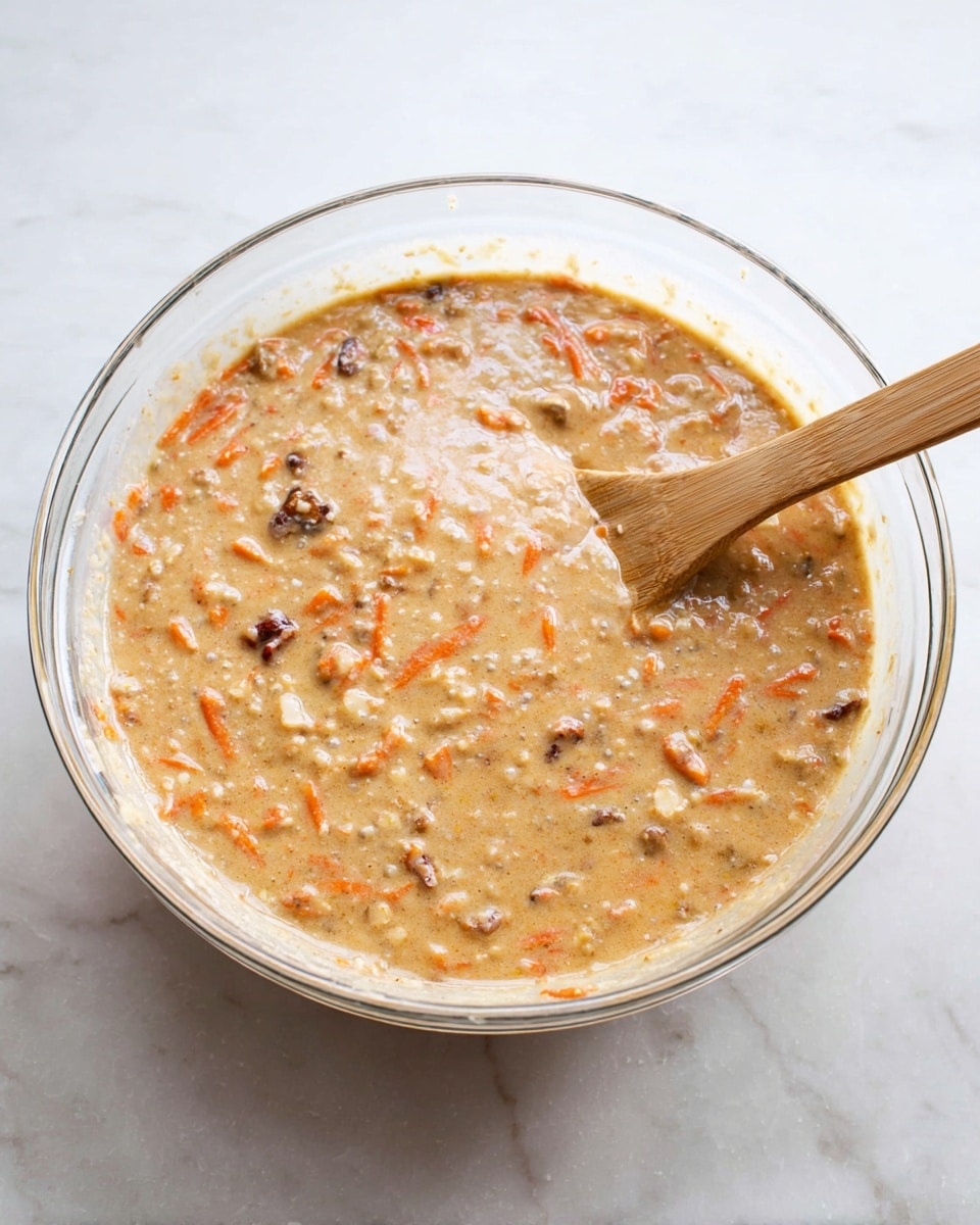 A clear glass bowl holds a thick batter mixed with small bits of orange carrot pieces and darker brown bits of nuts or fruit, all floating in a creamy light tan mixture with some tiny bubbles on the surface. A wooden spoon with a natural light brown handle rests inside the bowl, partially covered in the batter. The bowl is placed on a white marbled surface photo taken with an iphone --ar 4:5 --v 7