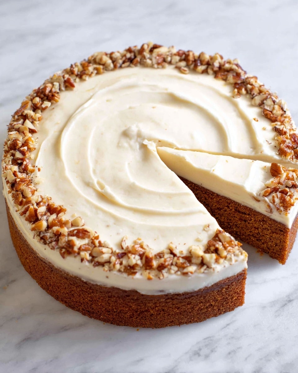 A round cake with two layers is shown on a white marbled surface. The bottom layer is a thick, rich brown cake with a smooth but slightly textured edge. The top layer is a thick, creamy white frosting spread evenly with gentle swirls across the surface. Around the edge of the frosting is a border of chopped nuts in light brown and tan colors. One slice has been slightly removed, showing a clean cut through the cake and frosting. The photo taken with an iphone --ar 4:5 --v 7