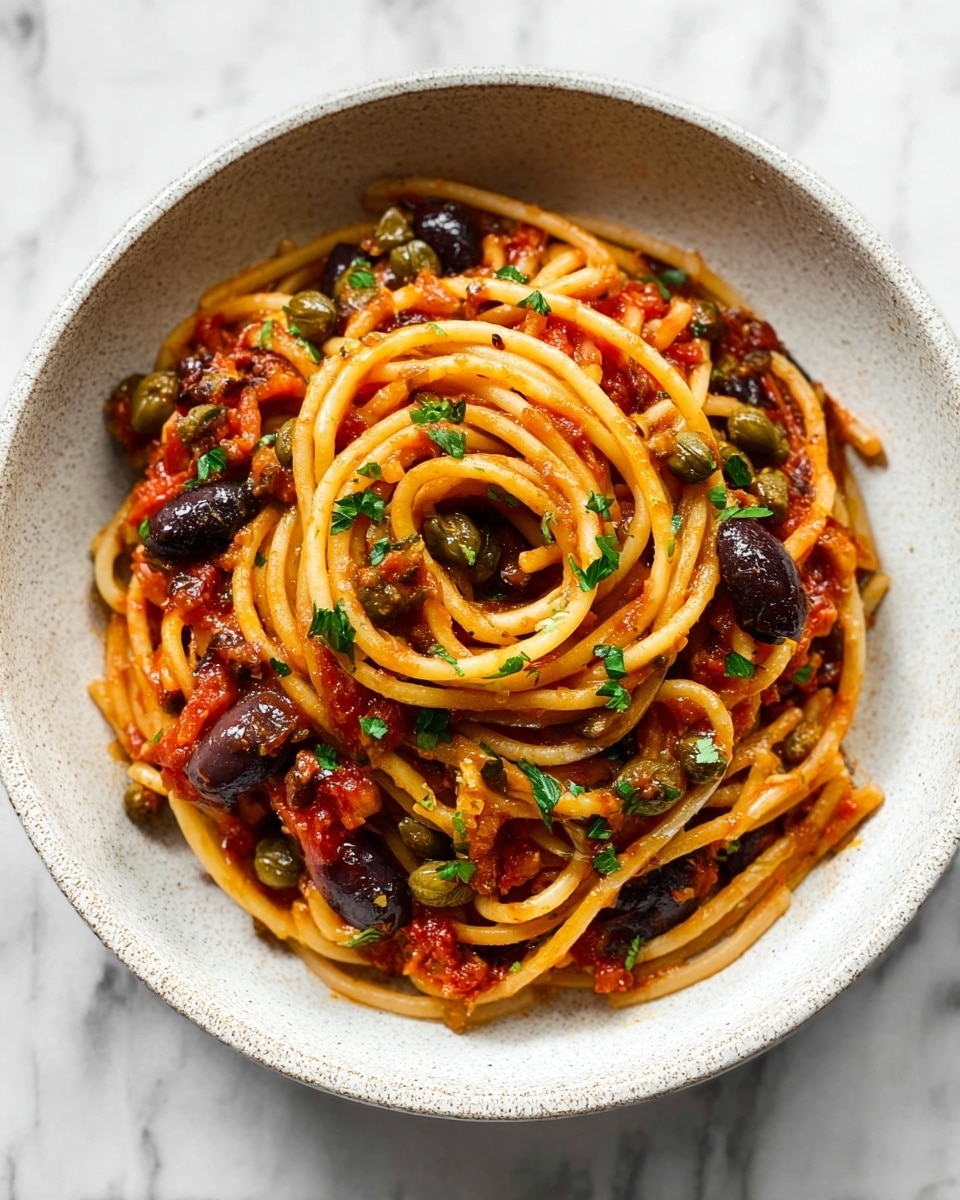 A bowl of spaghetti with red tomato sauce mixed with dark brown olives and green capers, topped with small pieces of green herbs. The spaghetti is light yellow and thick, twisted in the center of a white bowl with a speckled texture. The sauce looks thick and chunky, covering the pasta evenly. The bowl sits on a white marbled surface. Photo taken with an iphone --ar 4:5 --v 7
