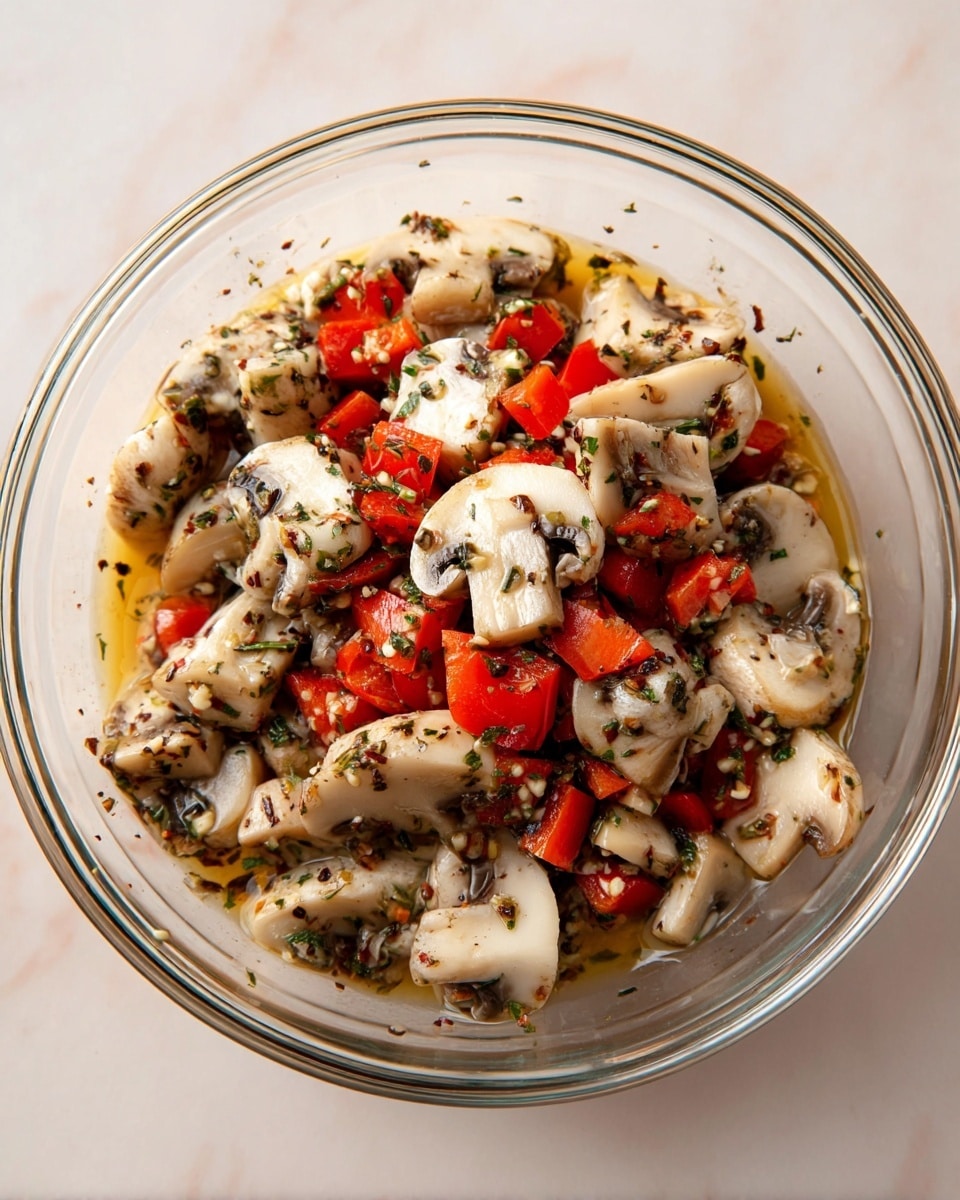 The image shows a clear round glass bowl filled with a mixture of chopped white mushrooms and red bell pepper pieces, all coated in a light golden oil with visible herbs and small bits of chopped garlic mixed in. The mushrooms are cut into medium-sized chunks, mostly white with slightly darker areas inside, and the red bell peppers are diced into small square pieces. The herbs appear finely chopped and are spread evenly over the vegetables, adding green and dark specks throughout the dish. The bowl sits on a white marbled surface. photo taken with an iphone --ar 4:5 --v 7