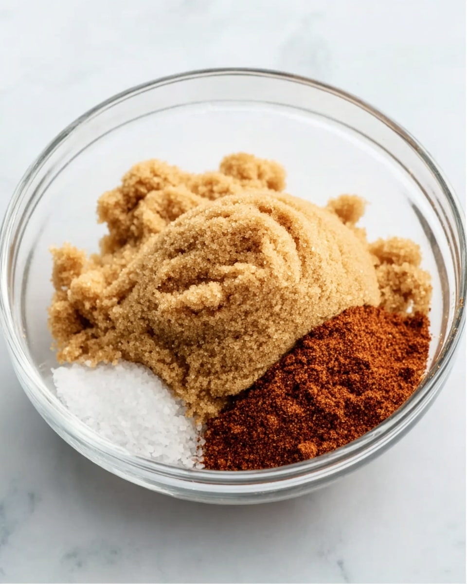 A clear glass bowl on a white marbled surface contains three different piles of brown sugar and spices. The largest pile is light brown sugar with a soft texture, positioned centrally and slightly to the front. Behind it, to the right side, there is a rich reddish-brown powder, likely cinnamon, with a fine texture. To the left and slightly behind the light brown sugar, there is a small pile of white granulated salt. The overall look is simple with distinct color contrasts between the light brown sugar, the reddish spice, and the white salt. photo taken with an iphone --ar 4:5 --v 7
