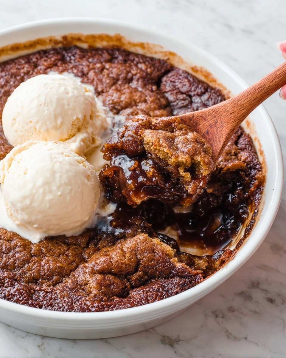 A white bowl holds a warm dessert with two scoops of pale yellow ice cream on one side, lightly dusted with cinnamon. Underneath and around the ice cream, there is a rich, dark brown baked pudding with a shiny syrup dripping over it. A silver spoon is inside the bowl, holding a piece of the pudding covered in syrup. The bowl is set on a white marbled surface. photo taken with an iphone --ar 4:5 --v 7