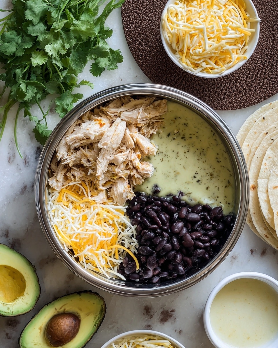 A top-down view of a round stainless steel bowl divided into four sections: shredded light beige chicken in the top left, glossy black beans in the top right, a creamy green sauce with flecks in the bottom left, and a pile of mixed white and yellow shredded cheese in the bottom right. Around the bowl, there is a white bowl of shredded cheese on a white marbled surface, a small white bowl with a bit of creamy sauce, two halves of a green avocado on a round dark brown textured mat, fresh green cilantro sprigs, and a stack of white tortillas. Photo taken with an iphone --ar 4:5 --v 7