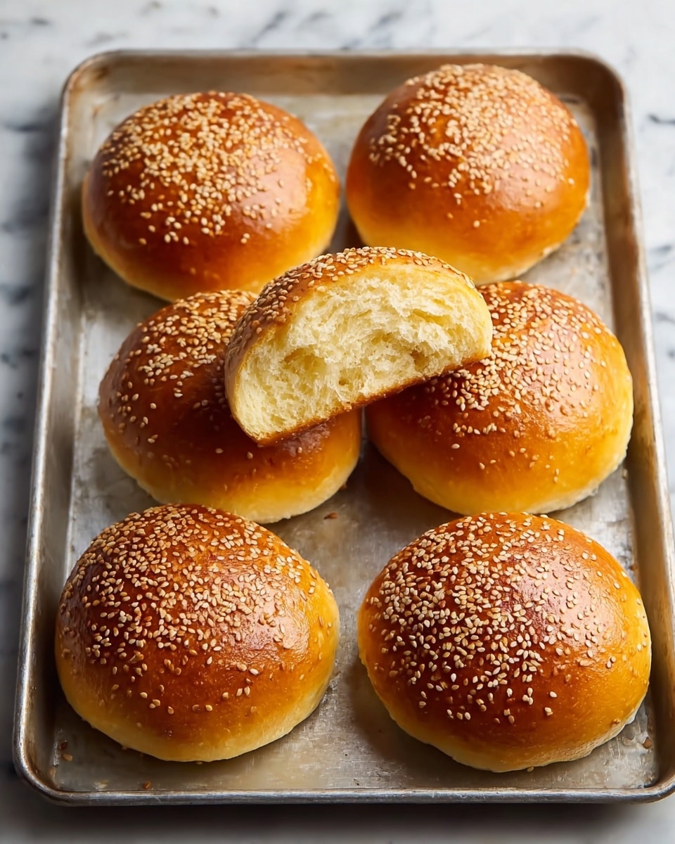Seven golden brown sesame seed buns are shown on a metal baking tray. Six buns are whole, rounded, and shiny with sesame seeds scattered evenly on top. One bun is open, showing a soft, light yellow inside. The tray rests on a white marbled surface. photo taken with an iphone --ar 4:5 --v 7
