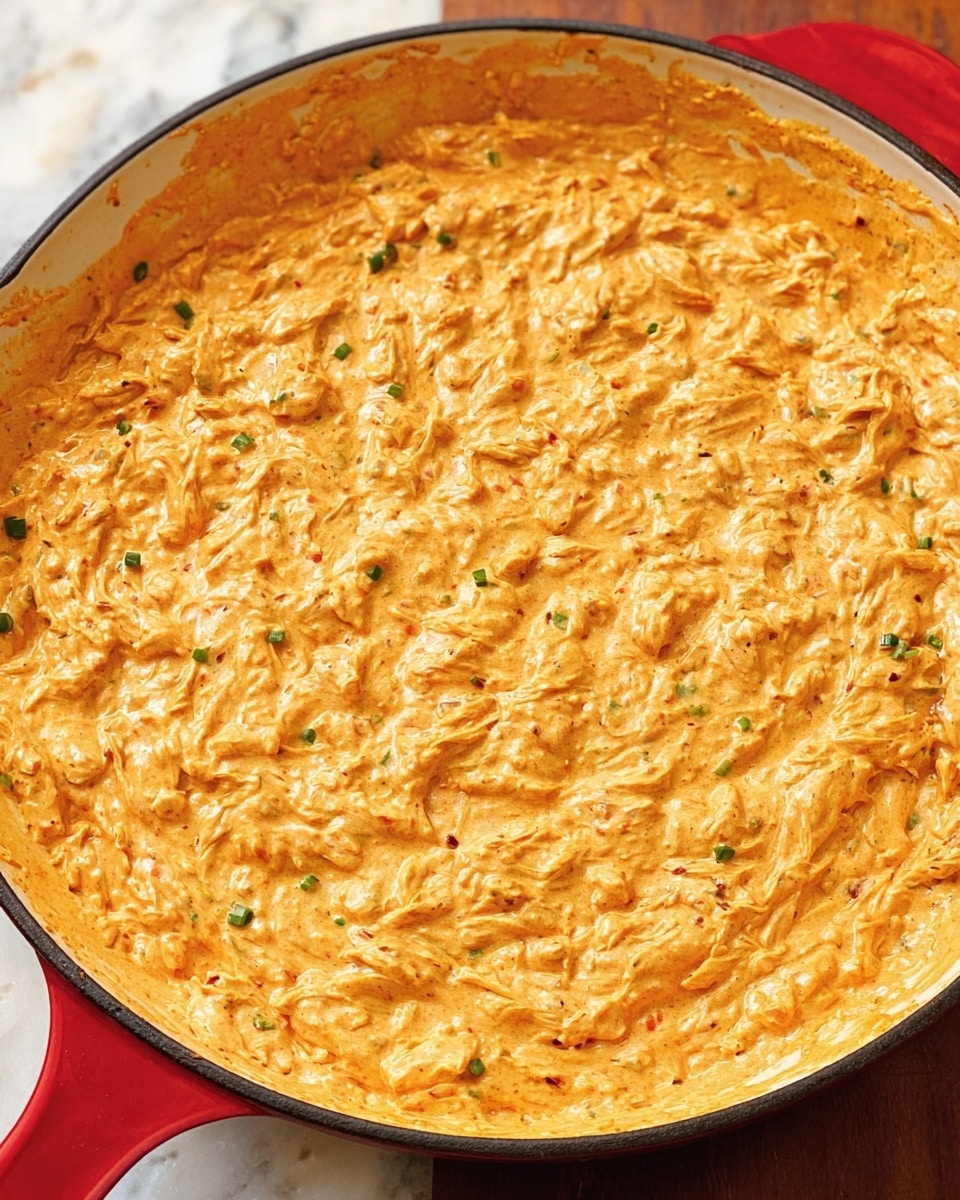 A close-up view of a single-layer dish in a white cast iron skillet with a red handle, filled with a creamy, thick mixture that has a bright orange color with visible small chunks and pieces spread evenly across the surface, with some hints of small green bits mixed in. The dish looks smooth and rich, covering the entire pan with a slightly textured surface. The background shows a white marbled texture. photo taken with an iphone --ar 4:5 --v 7
