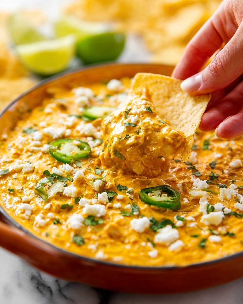 A close-up view of a white tortilla chip held by a woman's hand, scooping a thick, creamy dip from a shallow, round white dish. The dip is orange-yellow with a smooth yet chunky texture, dotted with small white cheese crumbles, green chopped herbs, and slices of green jalapeño. The dish sits on a white marbled surface, and in the blurry background, two lime wedges and more tortilla chips are visible. The colors are warm and vibrant, with the dip taking center stage in the composition. photo taken with an iphone --ar 4:5 --v 7