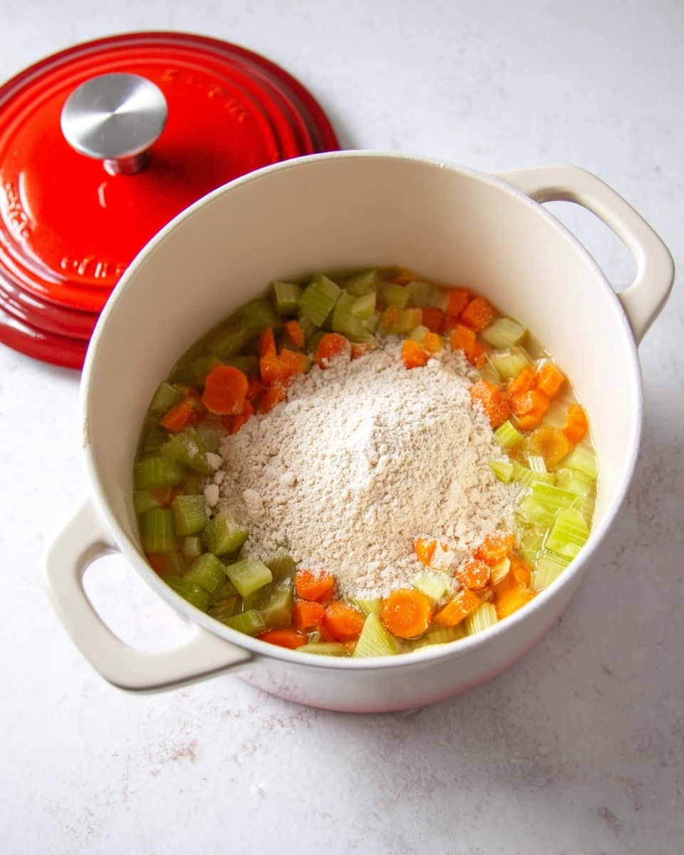 A white pot with two handles contains a mixture of diced green celery and orange carrot slices cooking in a light liquid base. On top of the vegetables sits a mound of pale beige flour, ready to be mixed in. The pot's red lid with a silver knob is placed nearby on a white marbled surface. The scene is bright with even lighting, showing the colors and textures clearly. photo taken with an iphone --ar 4:5 --v 7