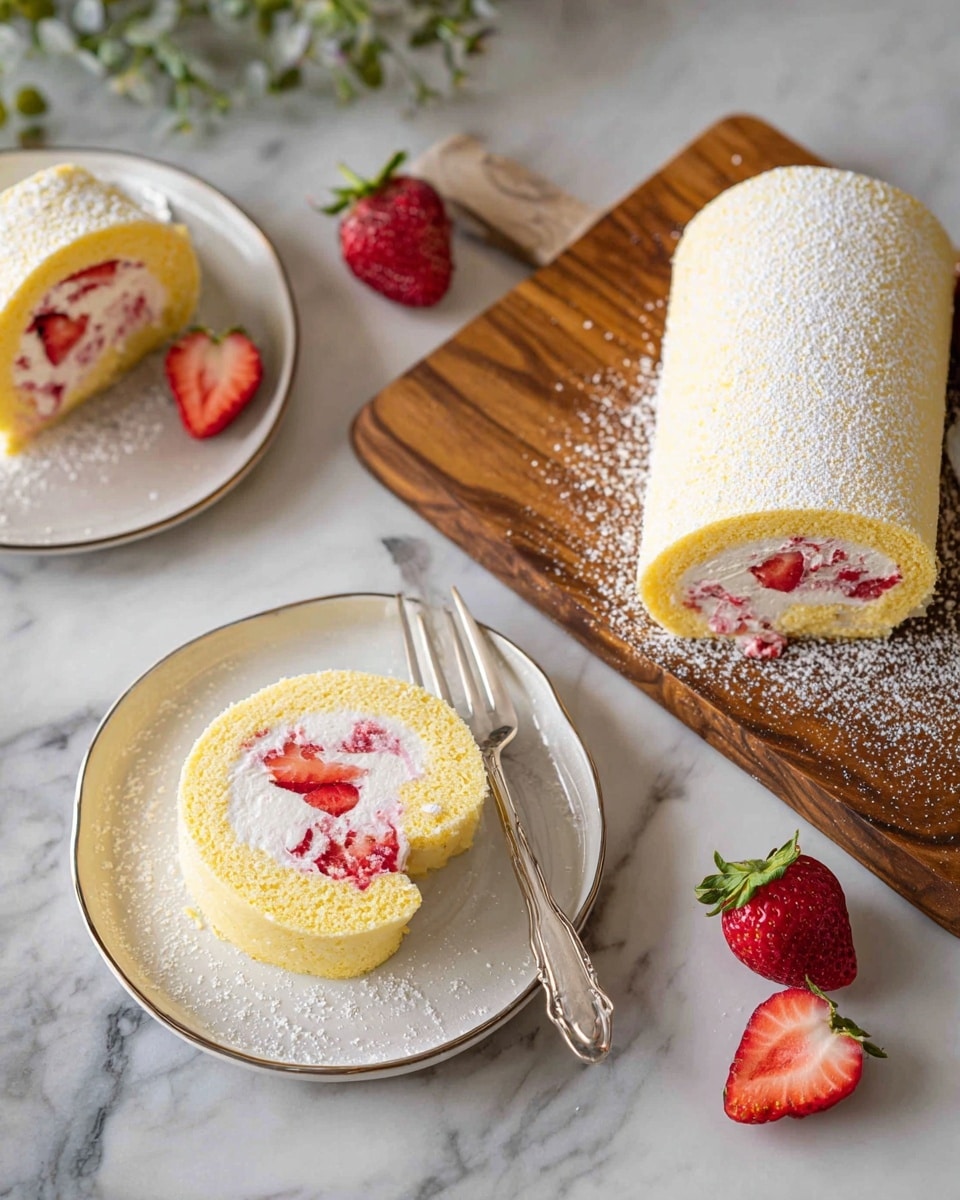The image shows a light yellow sponge cake roll with white cream and red strawberry pieces inside, sliced into rounds. There are two slices on white plates with silver rims, each plate holding a silver fork. One slice is lying flat with visible layers of yellow cake and soft white cream swirled with bright red strawberry bits. The cake roll and a slice lie on a wooden board sprinkled lightly with white powdered sugar. Two whole strawberries with green tops sit next to the cake on the board. On the white marbled surface near the plates, there are also two halved strawberries showing their red insides. The setting has a soft, clean look with natural light, showing textures of the soft cake, cream, and fresh strawberries clearly. Photo taken with an iphone --ar 4:5 --v 7