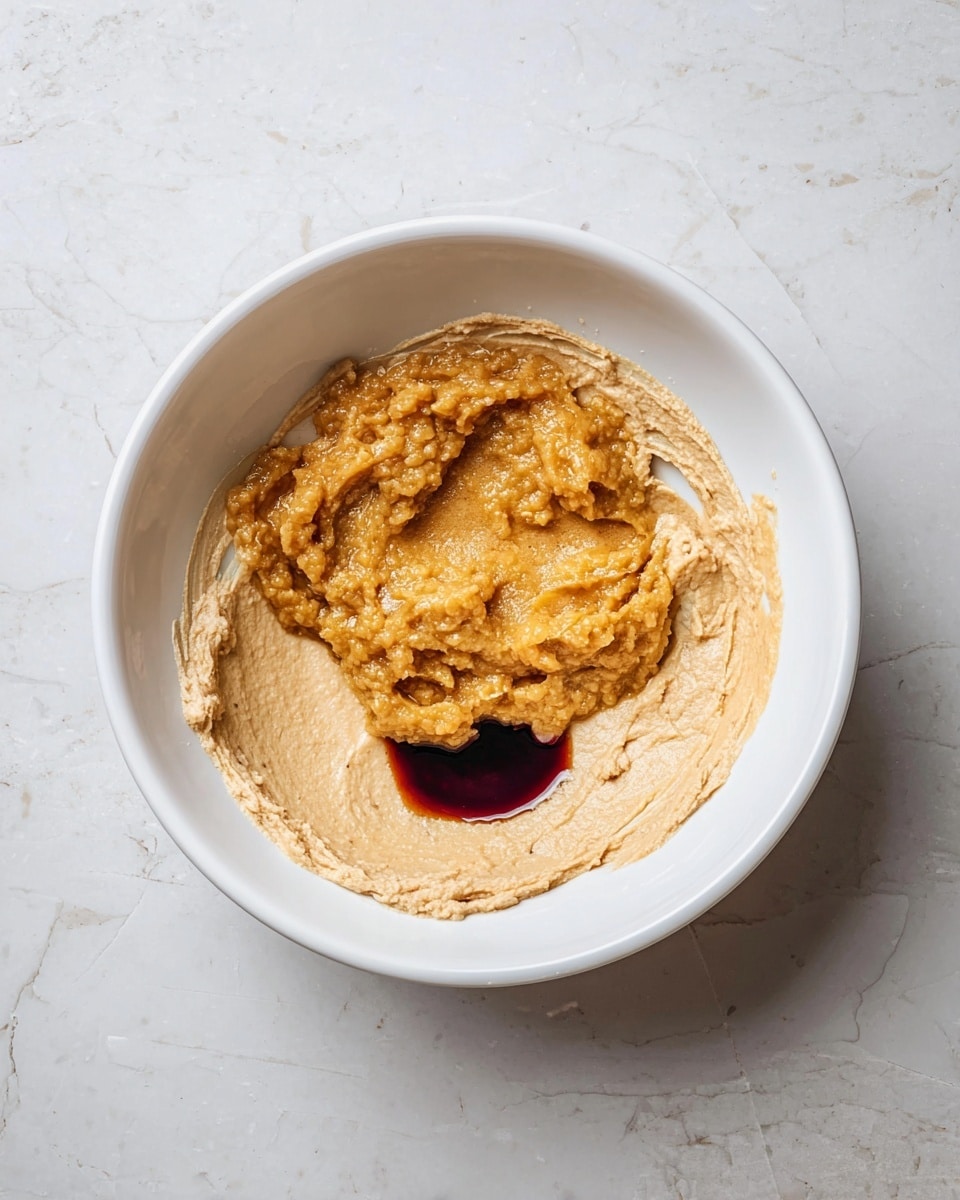 A white bowl holds three layers of ingredients: the bottom layer is a light brown creamy mixture spread around the bowl with a soft, slightly rough texture; on top of this, near the center, there is a thick, chunky golden-brown puree; next to the puree, there is a small pool of dark brown liquid adding contrast. The bowl rests on a white marbled surface. photo taken with an iphone --ar 4:5 --v 7
