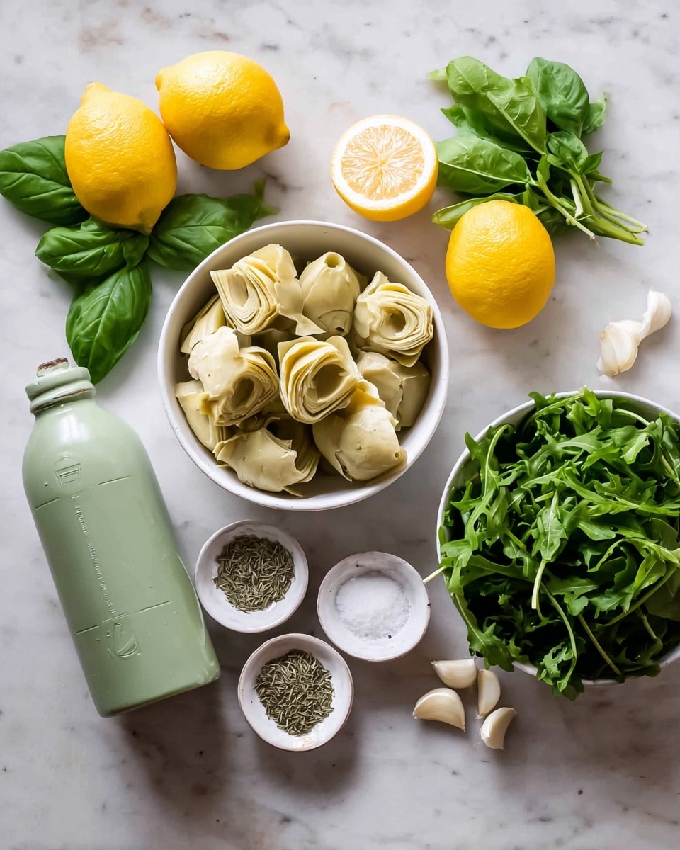 The image shows a light green bottle lying on a white marbled surface surrounded by fresh ingredients. There are two whole lemons placed near the top left side, one lemon is cut in half, showing a bright yellow inside. A bunch of fresh green basil leaves is positioned below the lemons on the left. In the center, a white bowl is filled with pale yellow artichoke bottoms that have a soft, slightly shiny texture. To the right of this bowl, there are three small white bowls: one with dried herbs, one with white salt, and one with peeled garlic cloves. Near the bottom right corner, a white bowl is full of fresh, leafy green arugula with thin stems. The overall setting is clean and fresh, with a soft natural light. photo taken with an iphone --ar 4:5 --v 7