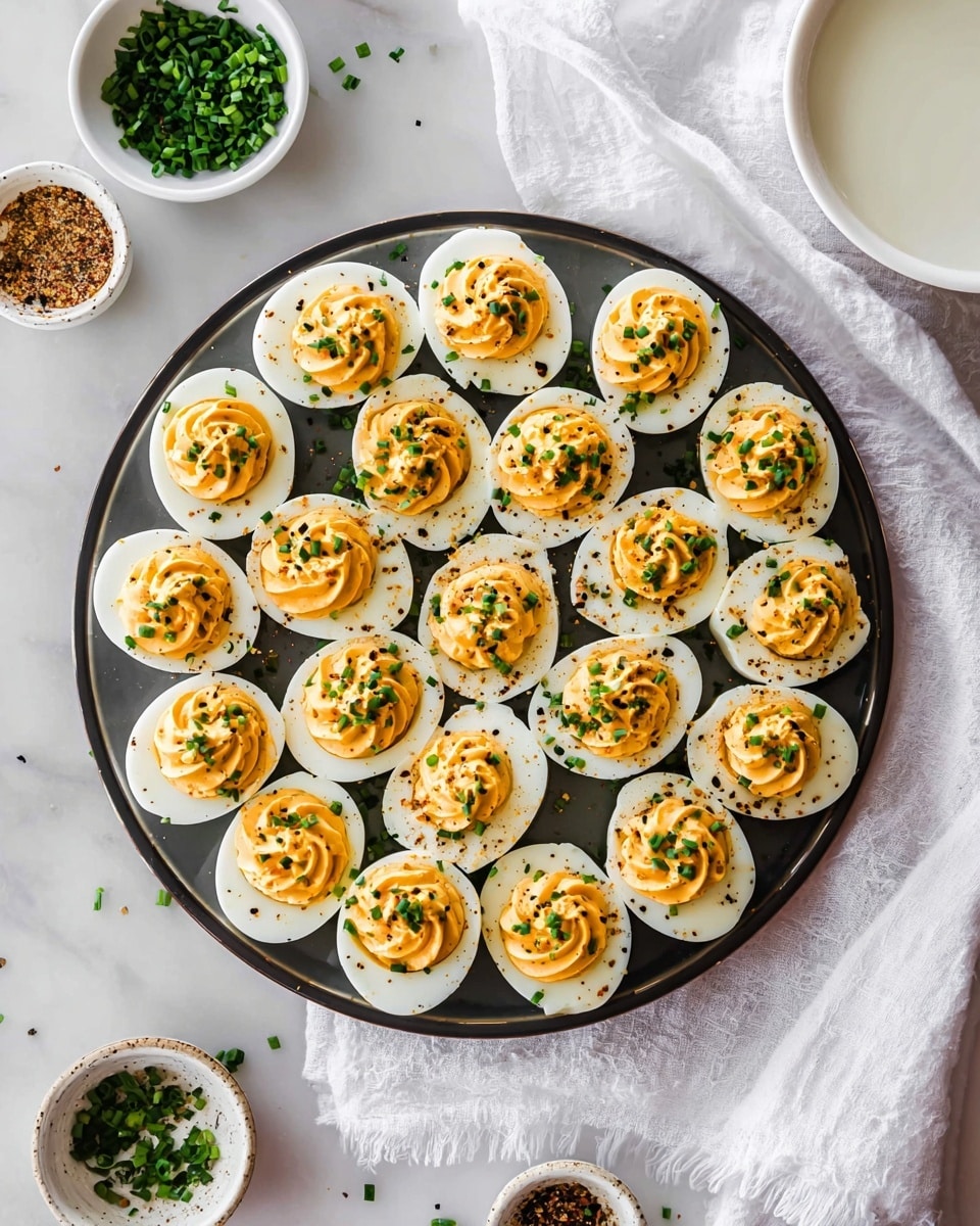 The image shows many deviled eggs arranged closely on a white marbled surface. Each egg is cut in half, revealing two layers: the smooth, shiny white egg white forming the base, and a bright yellow-orange creamy filling piped in a swirled and textured mound on top of each egg white half. Small green pieces of chopped chives are sprinkled over the filling and around the eggs, along with tiny black and white sesame seeds and some small crunchy bits that add visual texture. The focus is sharp on one egg in the center, with the background softly blurred, enhancing the detail on the creamy filling and garnishes. Photo taken with an iphone --ar 4:5 --v 7