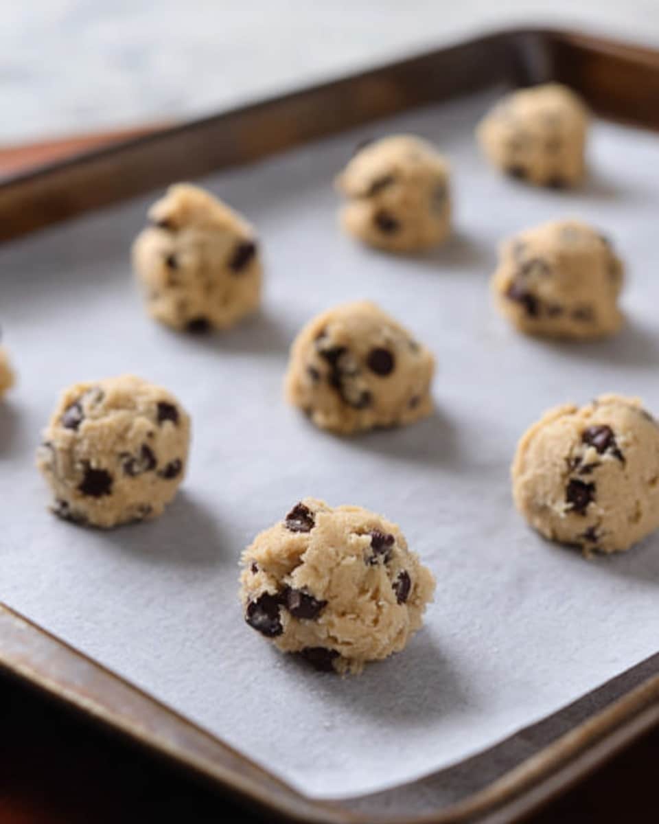 The image shows a metal baking tray lined with white parchment paper on a white marbled surface. On the tray, there are several small round scoops of cookie dough, light beige in color with dark brown chocolate chips scattered throughout. The cookie dough scoops are evenly spaced in rows, and the texture looks soft and slightly rough with visible chocolate pieces. The background is softly blurred, keeping the focus on the dough balls. photo taken with an iphone --ar 4:5 --v 7