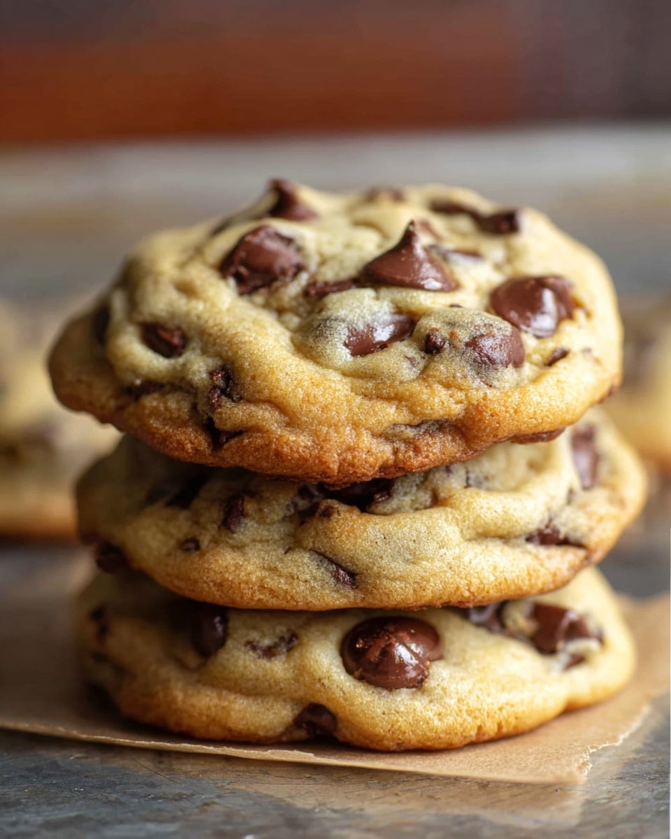 A stack of three thick cookies is shown, each cookie round and golden brown with a slightly soft texture. The top cookie has visible dark brown chocolate chips scattered unevenly on its surface, some melted slightly into the dough. The middle cookie is similar, with more chocolate chips embedded in the golden dough, and the bottom cookie is partially visible, also showing chocolate chips. The cookies are stacked on a sheet of parchment paper on a metallic surface, with a blurred background that is softly lit. Photo taken with an iphone --ar 4:5 --v 7