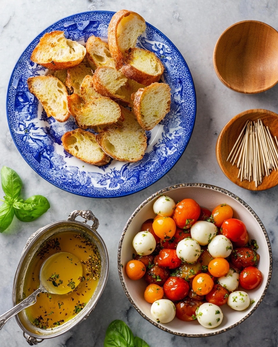 The image shows a white plate with blue floral patterns filled with golden brown, toasted baguette slices placed near the top right. Below it, on the right side, there is a white bowl with a blue border holding a mix of round mozzarella balls and colorful cherry tomatoes in white, red, and orange, all seasoned with herbs and spices. At the top right, a small wooden bowl contains toothpicks. On the left side, there is a silver sauce dish with a clear, golden-yellow dressing sprinkled with green herbs and a spoon inside. Fresh green basil leaves lie at the bottom left on a white marbled surface. Photo taken with an iphone --ar 4:5 --v 7