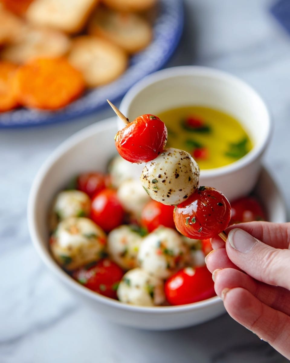 A woman's hand holds a small skewer with two layers: a red cherry tomato on top and a white mozzarella ball seasoned with black pepper and tiny bits of red and green herbs below it. In the background, there is a white bowl filled with more cherry tomatoes and mozzarella balls mixed with herbs. Behind the bowl, a smaller white dish with golden olive oil and a few green herbs floating on top is visible. The setting is on a white marbled surface, with some blurred orange slices or crackers in the far background. Photo taken with an iphone --ar 4:5 --v 7