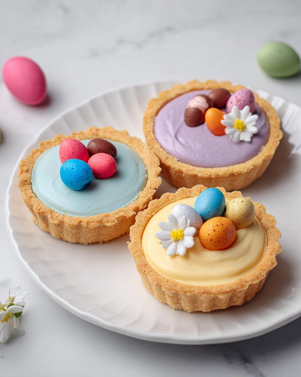 Three small tartlets sit on a white plate with fluted edges, placed on a white marbled surface. Each tartlet has a golden-brown crisp crust as the base layer. The first tartlet on the left is topped with a smooth pale blue cream layer, decorated with four colorful candy eggs in pink, blue, orange, and brown, and a small white flower. The second tartlet on the right has a smooth light purple cream layer, with three candy eggs in pink, yellow, and brown on top. The third tartlet at the bottom of the plate has a creamy pale yellow layer, decorated with three candy eggs in blue, pink, and yellow, along with two small white flowers. Photo taken with an iphone --ar 4:5 --v 7